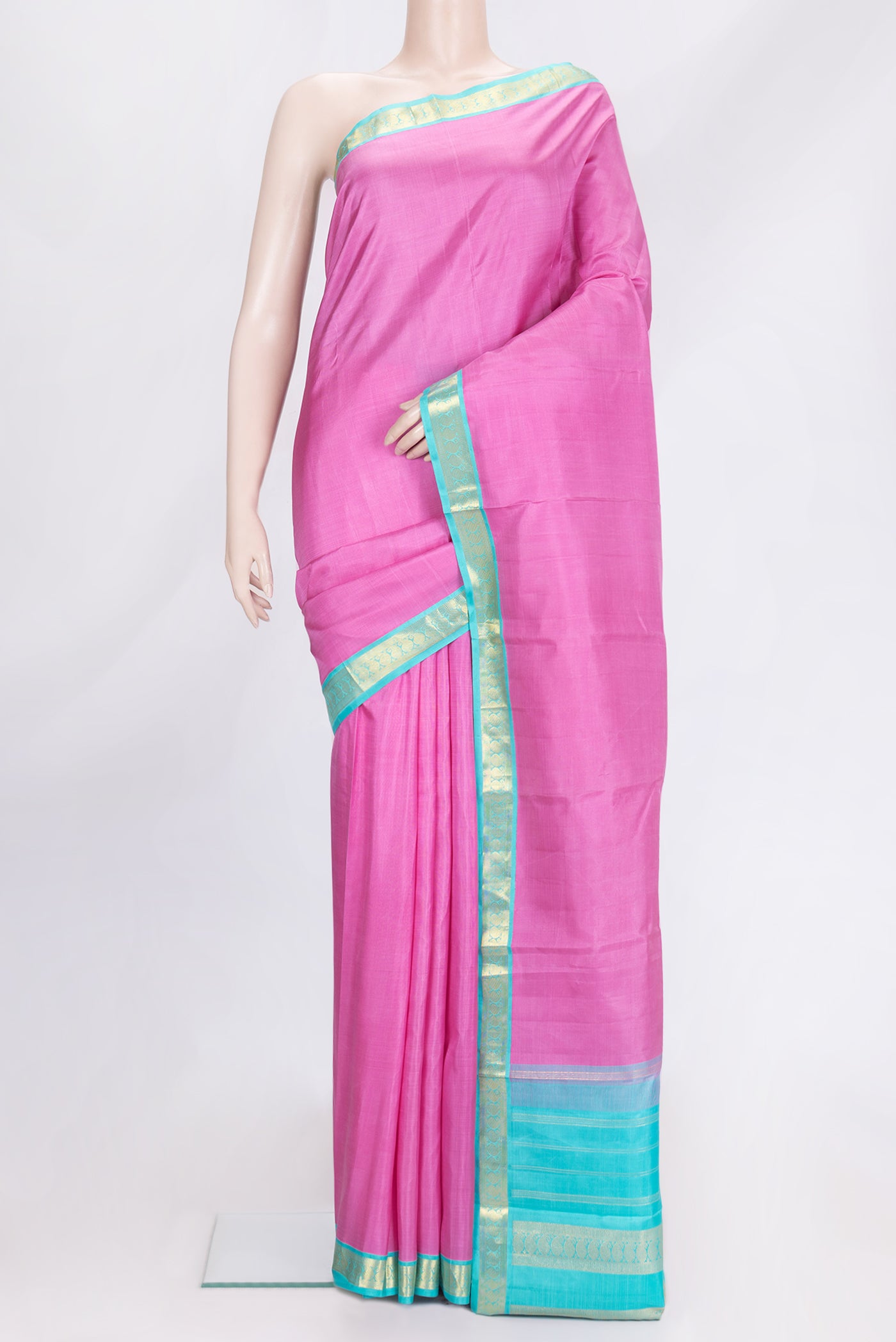 Pink Dual Tone Kanjivaram Silk Saree with Plain Body and Zari Border.  displayed on a mannequin