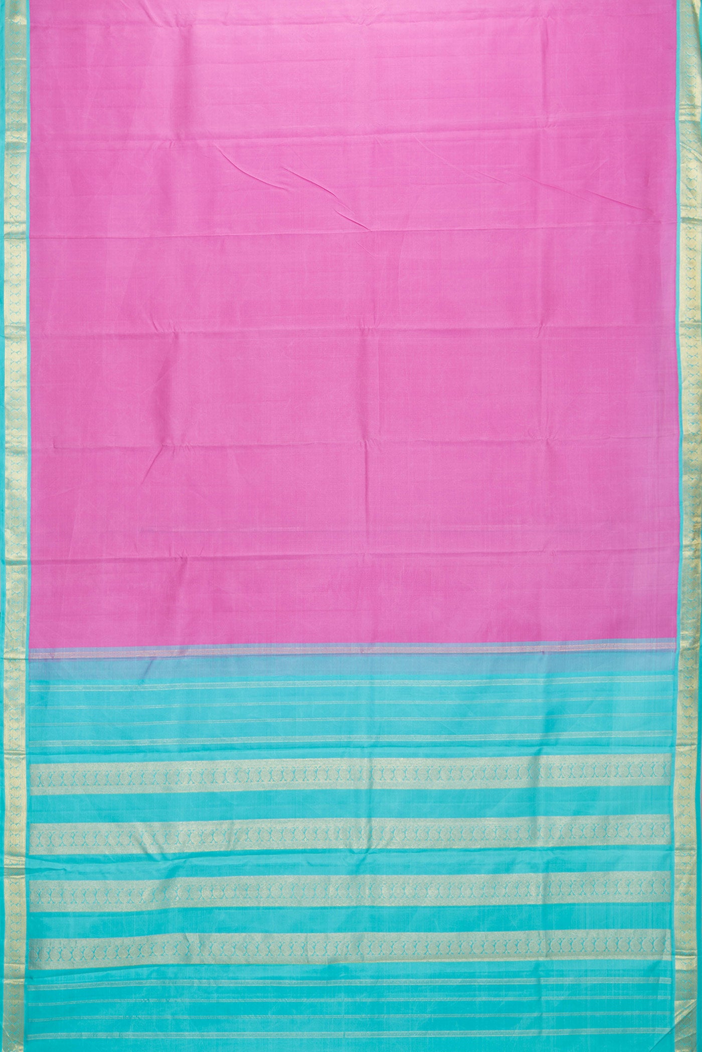 Flat view of Pink Dual Tone Kanjivaram Silk Saree with Plain Body and Zari Border. 