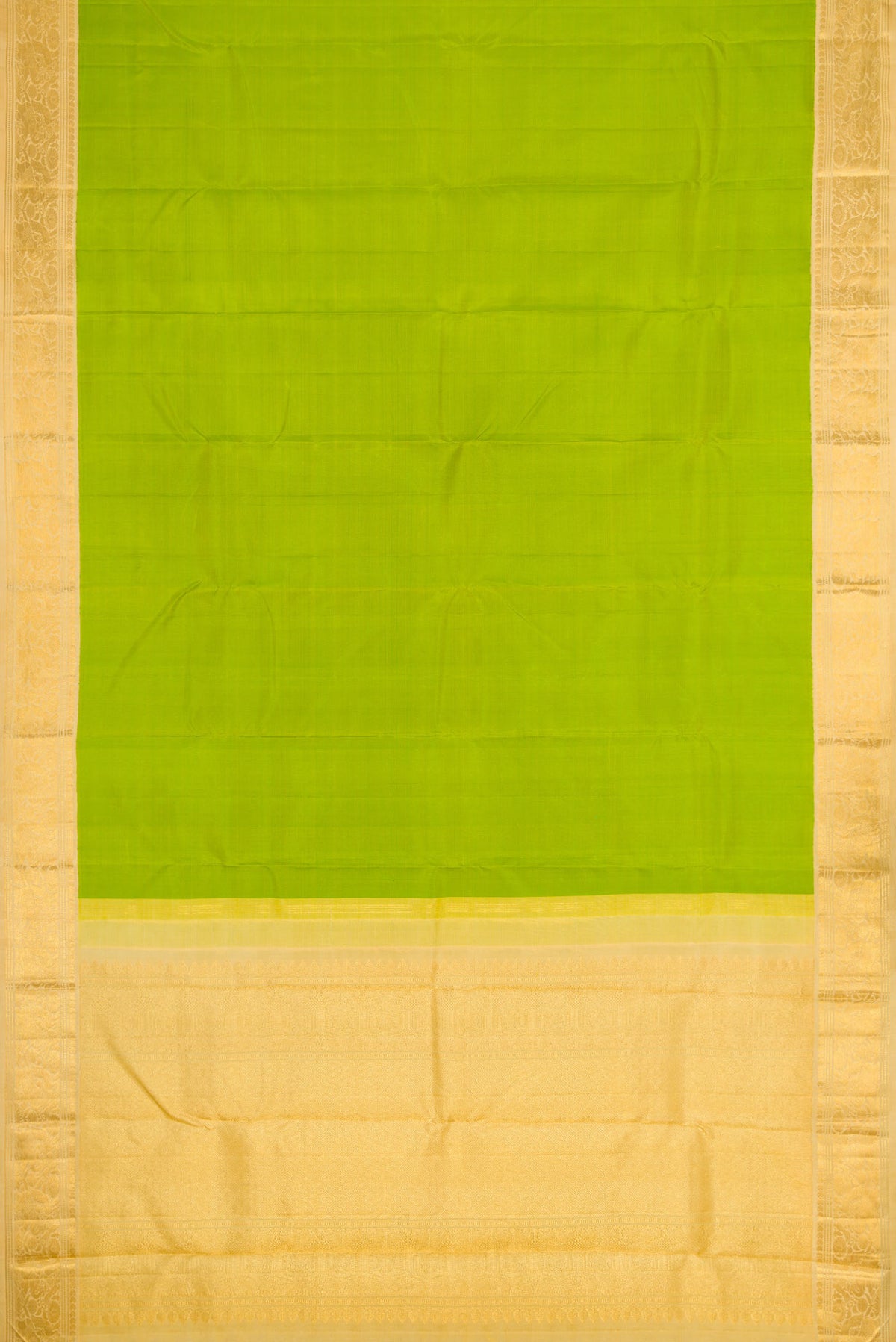 Flat view of Parrot Green Dual Tone Kanchipuram Silk Saree with Plain Body and Zari Border
