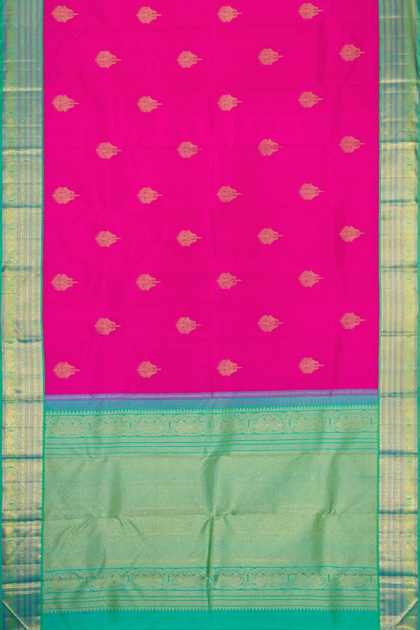 Flat view of Pink Dual Tone Kanjivaram Silk Saree with Zari Butta on the body and Zari Border. 