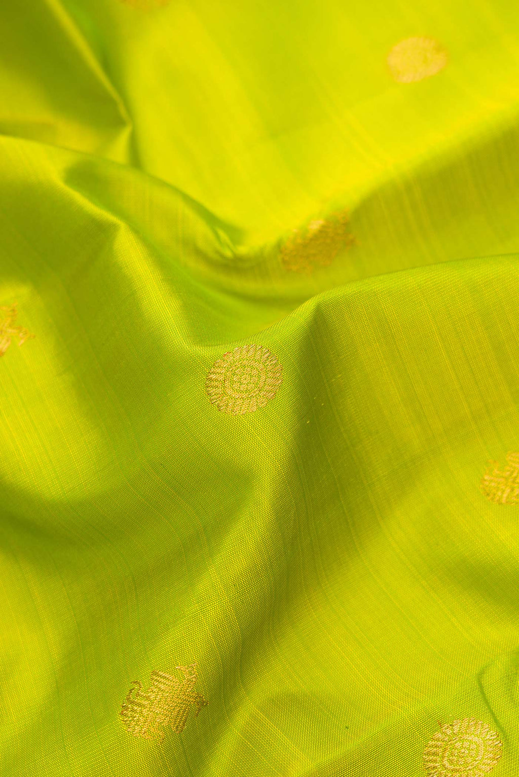 Close up of Parrot Green Dual Tone Kanjivaram Silk Saree with Zari Butta on the body and Zari Border.  displaying folds