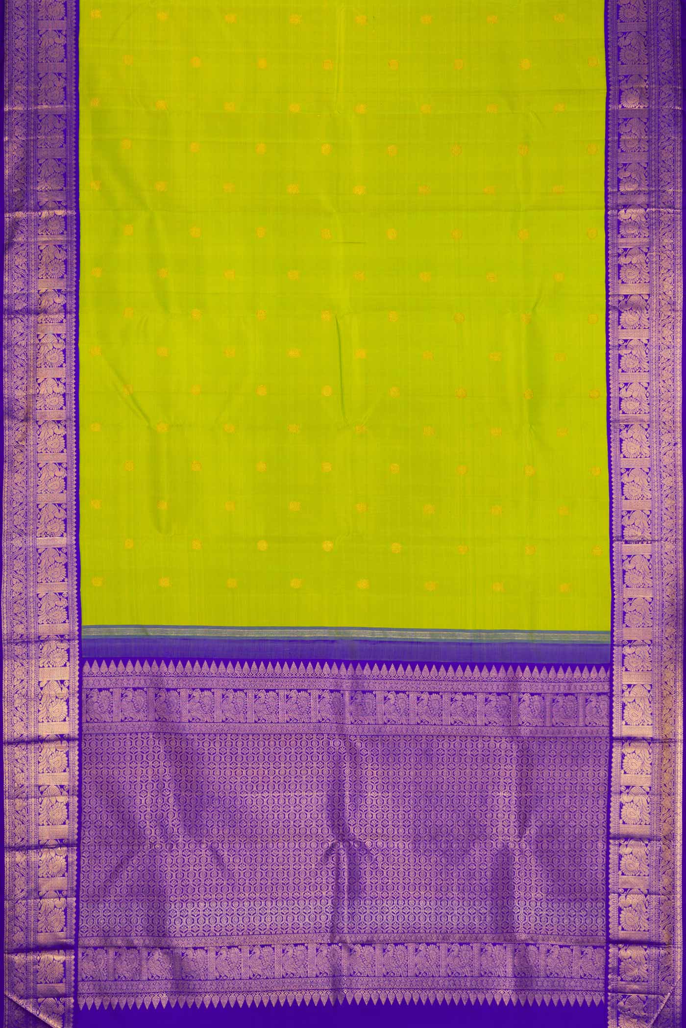 Flat view of Parrot Green Dual Tone Kanjivaram Silk Saree with Zari Butta on the body and Zari Border. 