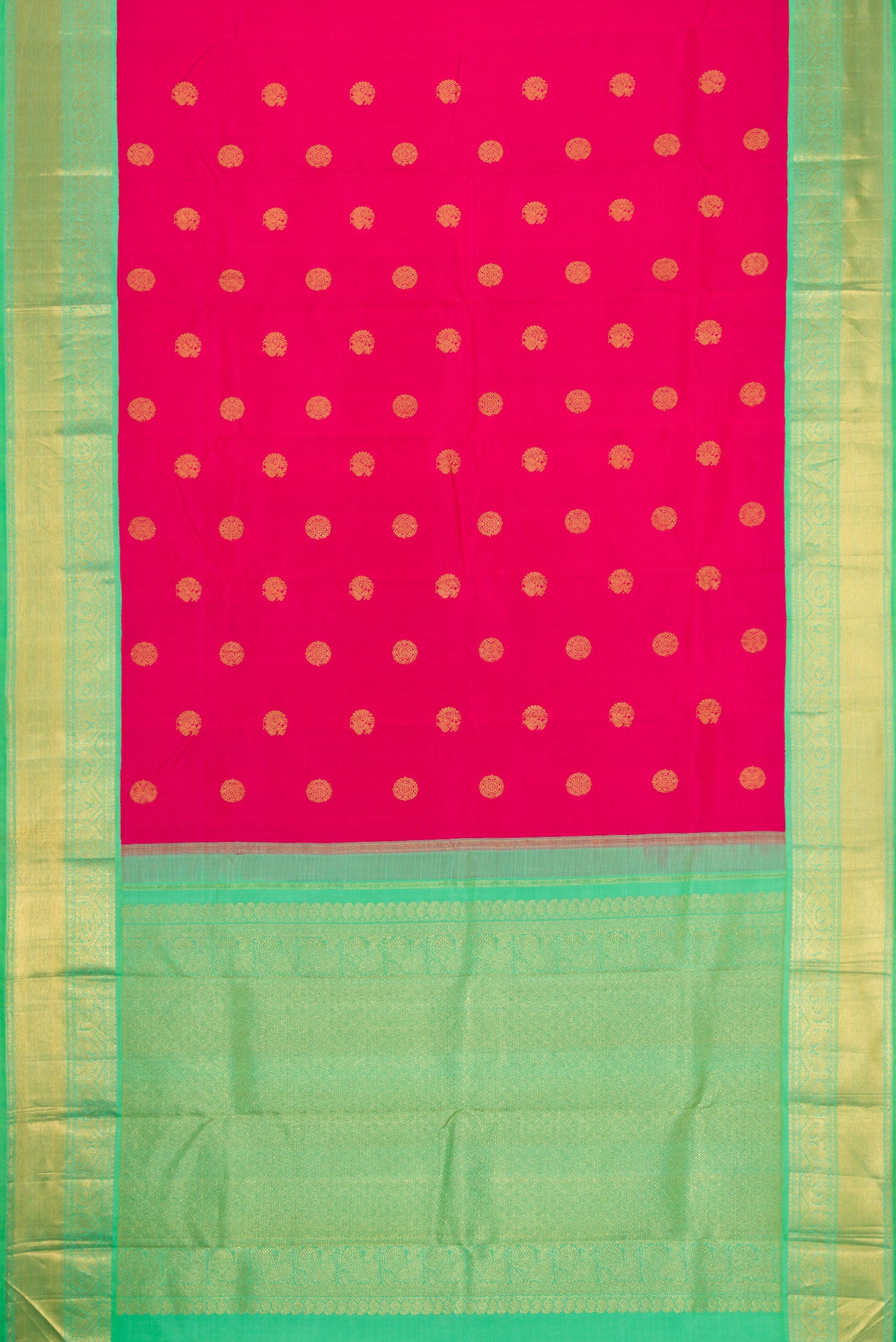 Flat view of Pink Dual Tone Kanjivaram Silk Saree with Zari Butta on the body and Zari Border. 