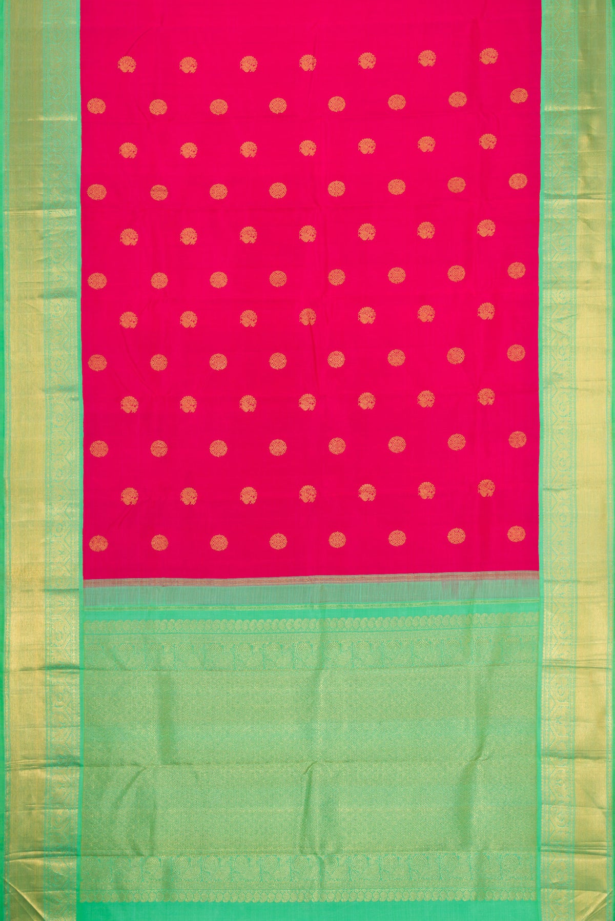 Flat view of Pink Dual Tone Kanjivaram Silk Saree with Zari Butta on the body and Zari Border. 