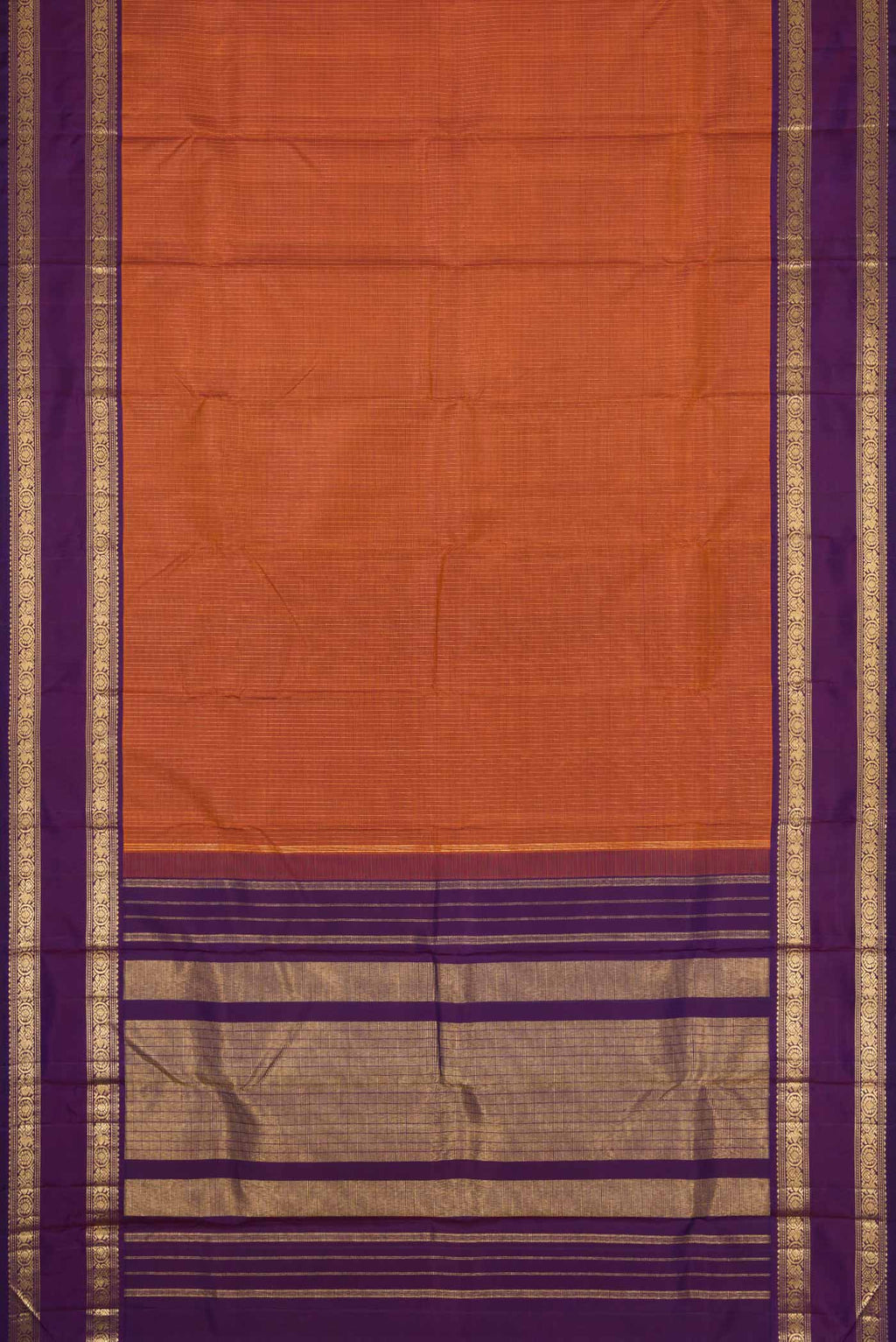 Flat view of Brick Orange Dual Tone Kanchipuram Silk Saree with Stripes on the body and Zari Border