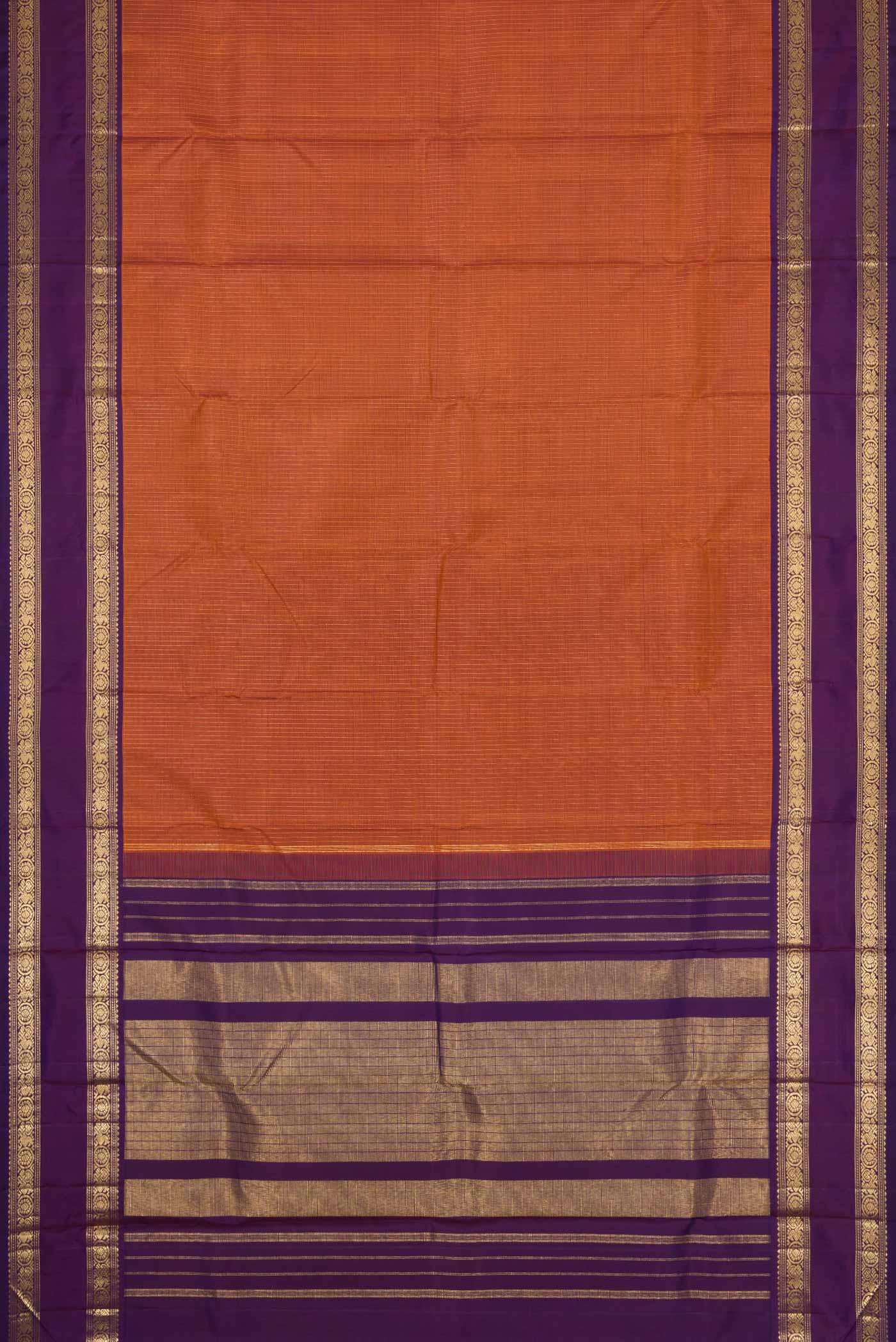 Flat view of Brick Orange Dual Tone Kanchipuram Silk Saree with Stripes on the body and Zari Border