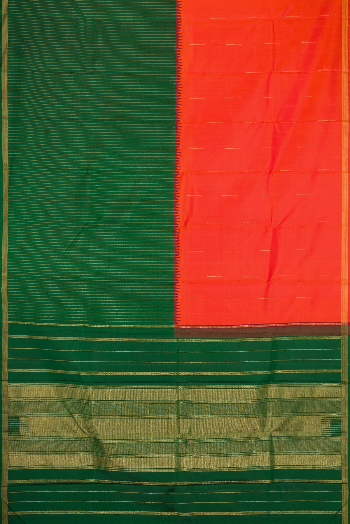 Flat view of Orange Dual Tone Kanjivaram Silk Saree with Zari Butta on the body and Zari Border. 