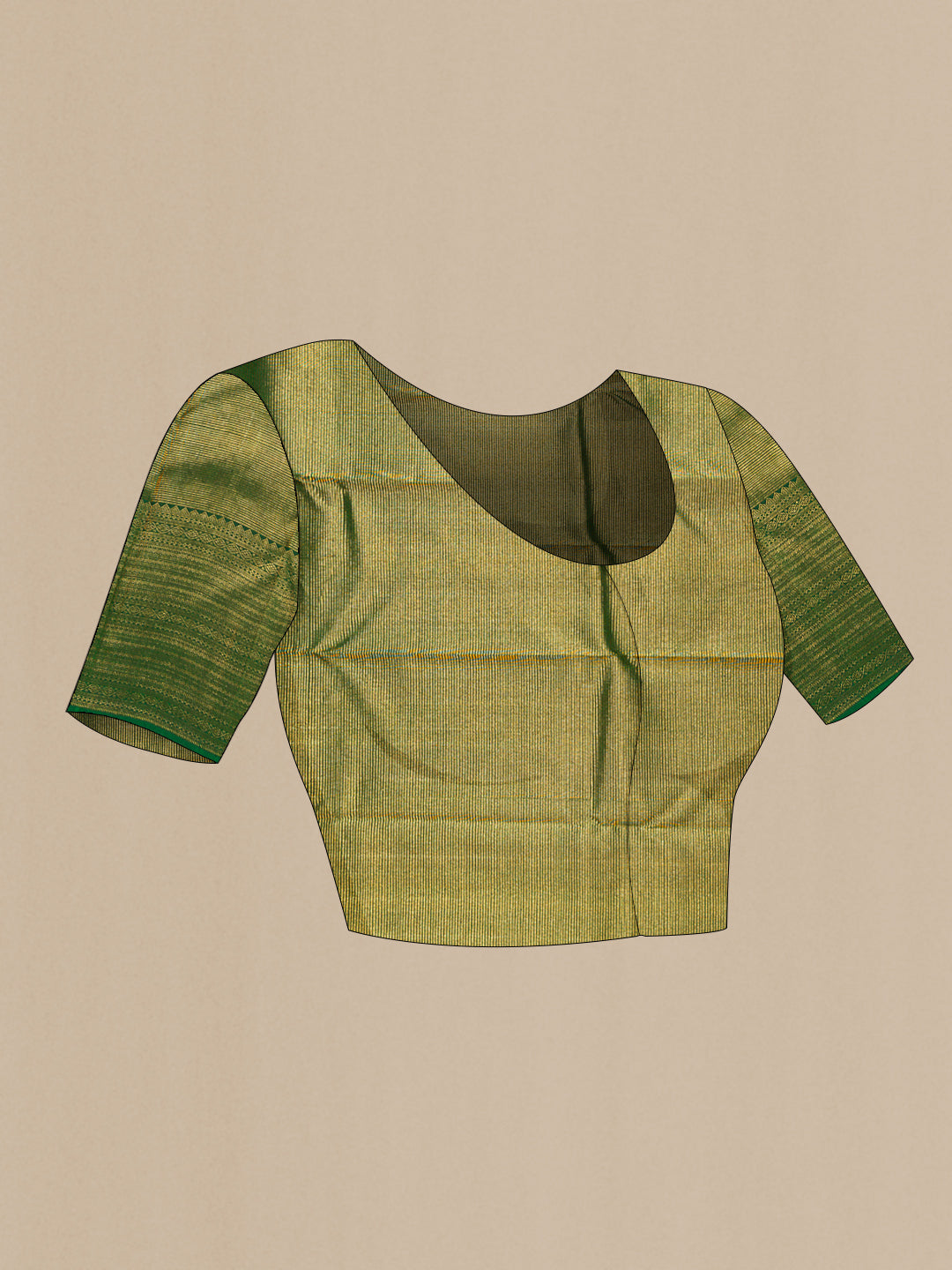 Close up image of the blouse of Green Dual Tone Kanjivaram Silk Saree with Zari Brocade on the body and Zari Border. 