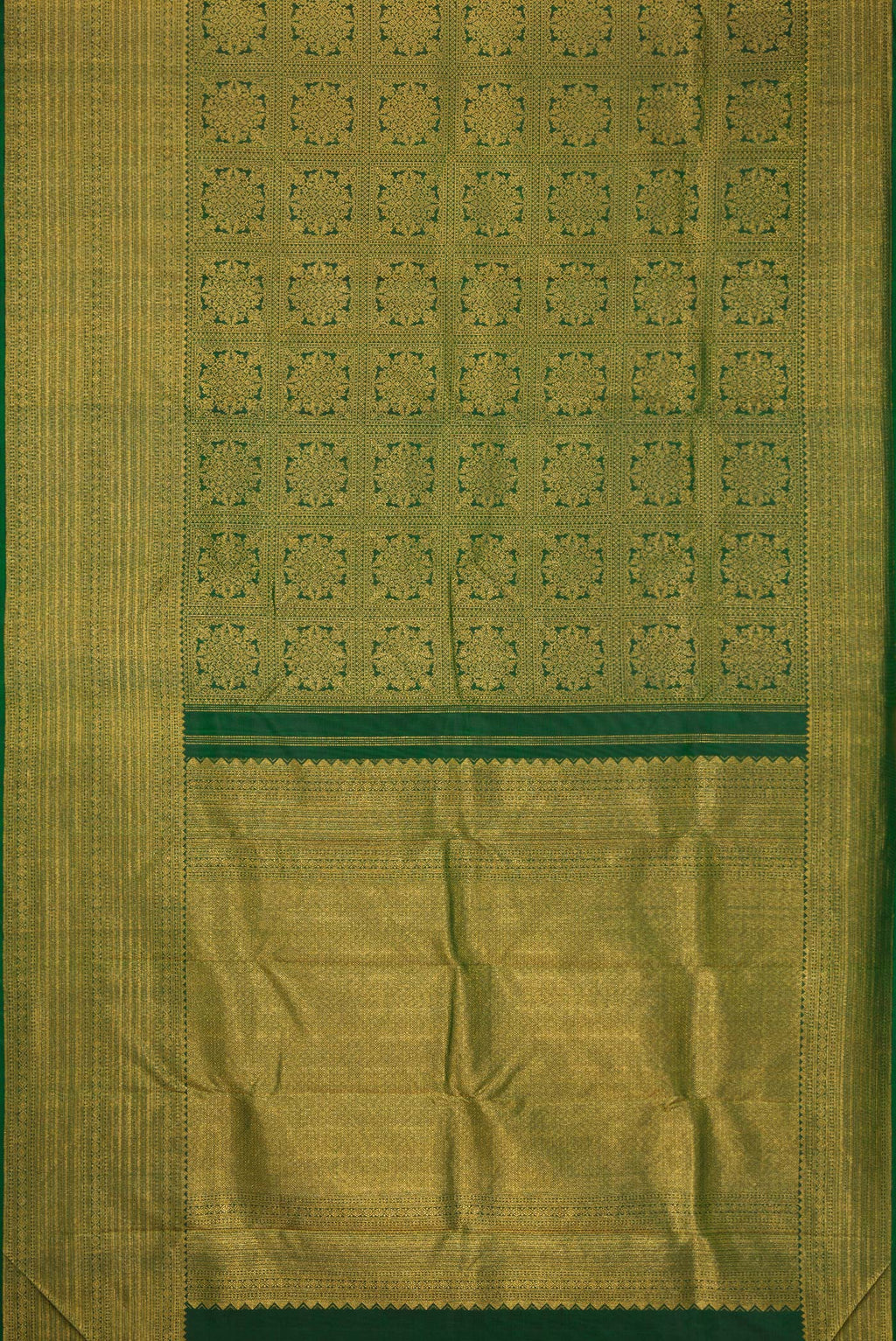 Flat view of Green Dual Tone Kanjivaram Silk Saree with Zari Brocade on the body and Zari Border. 