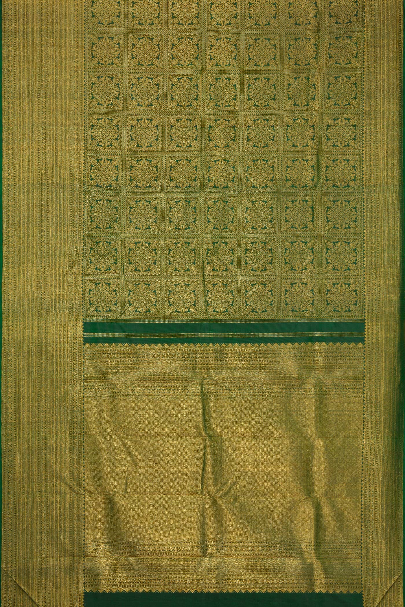 Flat view of Green Dual Tone Kanjivaram Silk Saree with Zari Brocade on the body and Zari Border. 