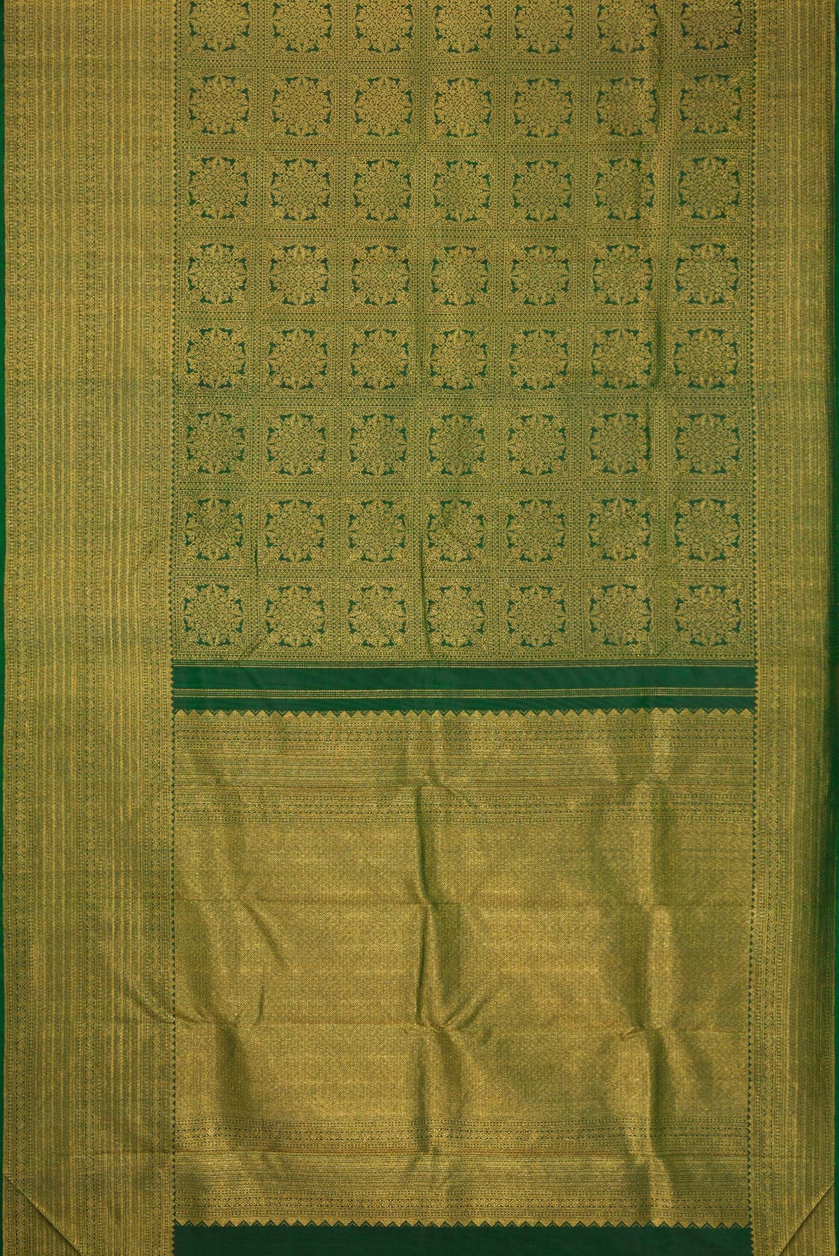 Flat view of Green Dual Tone Kanjivaram Silk Saree with Zari Brocade on the body and Zari Border. 