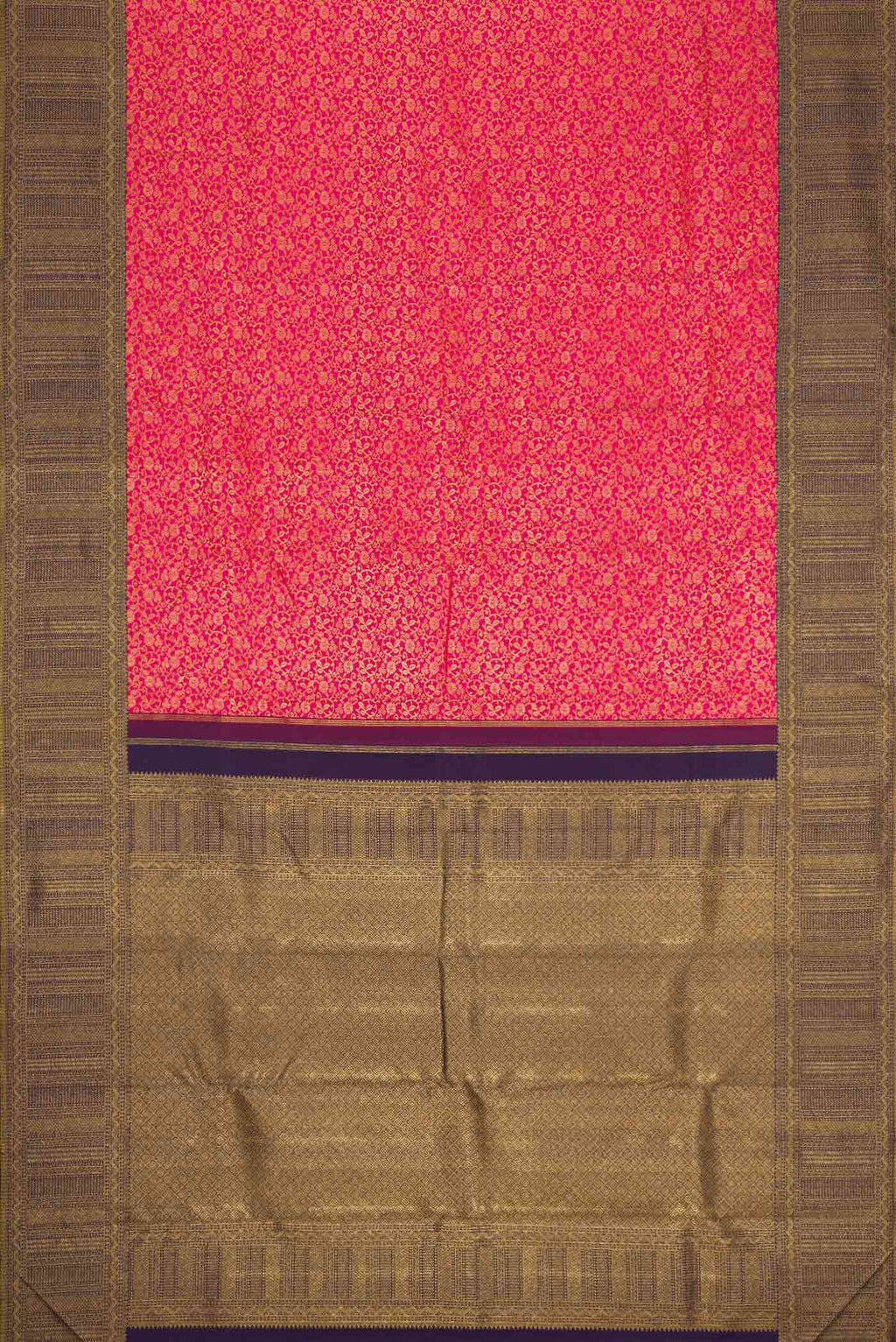 Flat view of Pink Dual Tone Kanchipuram Silk Saree with Zari Brocade on the body and Zari Border. 