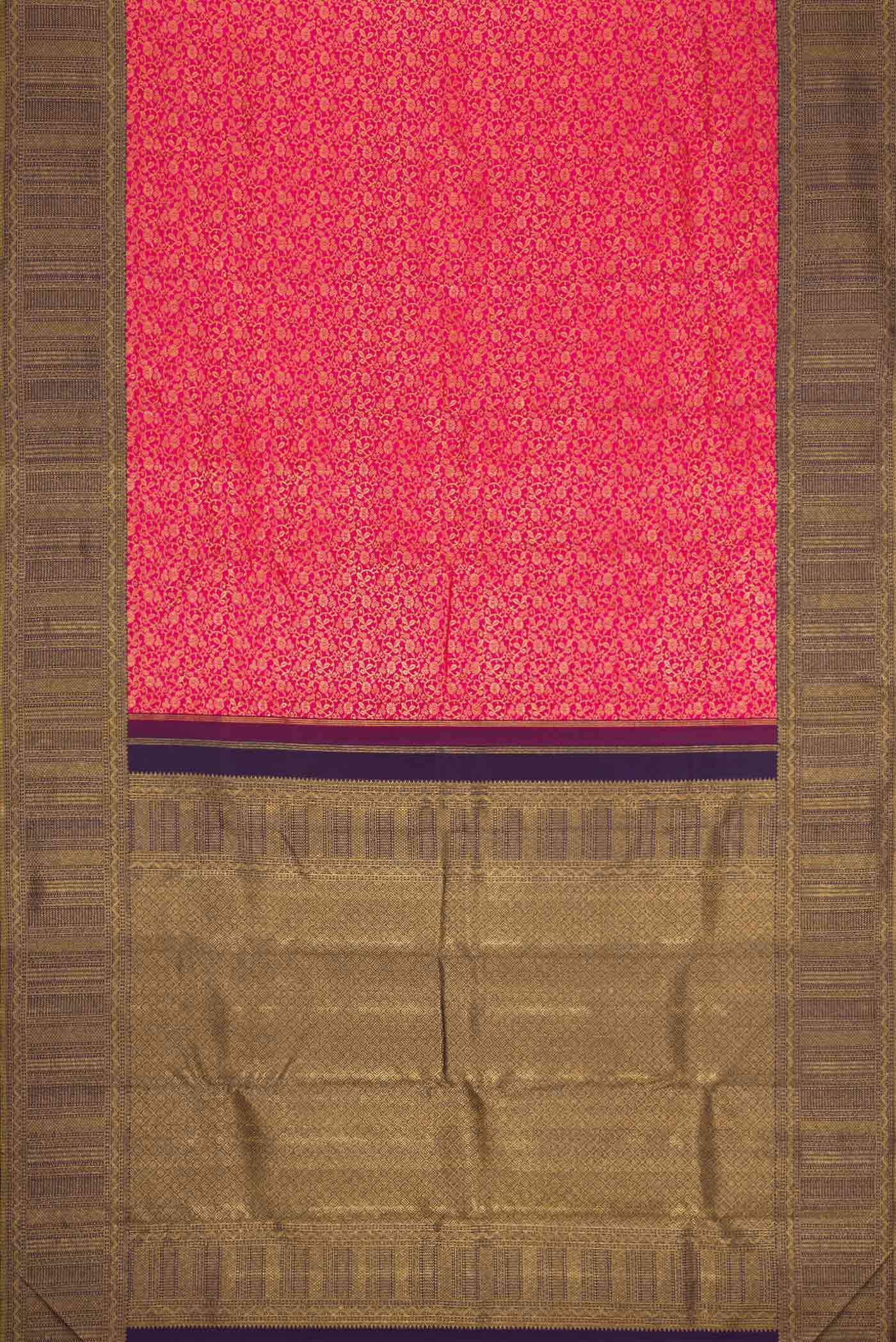 Flat view of Pink Dual Tone Kanchipuram Silk Saree with Zari Brocade on the body and Zari Border. 