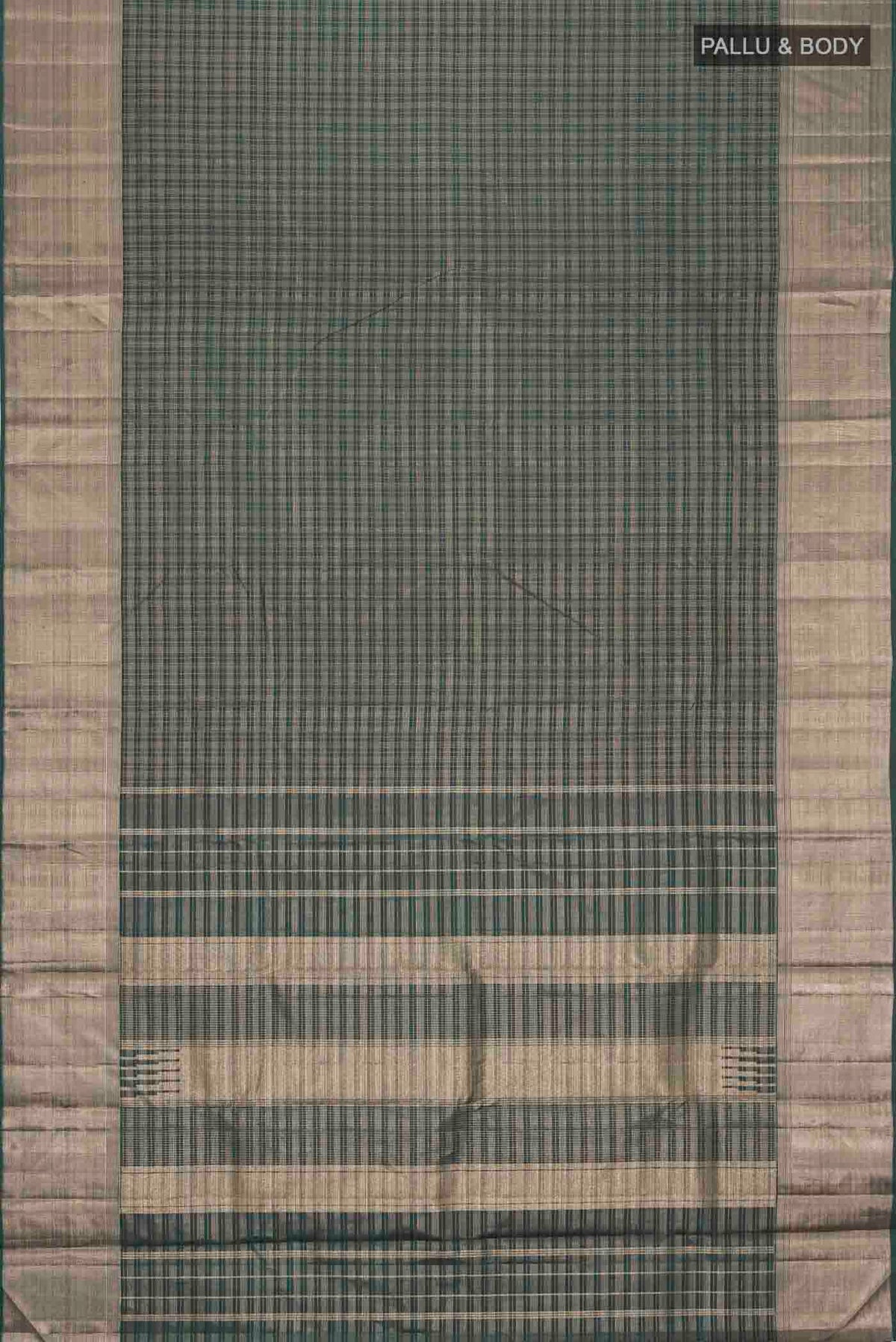 Flat view of Green Kanchipuram Silk Saree with Checked design on the body and Zari Border