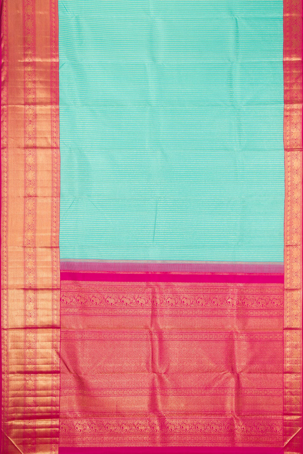 Flat view of Sea Green Dual Tone Kanchipuram Silk Saree with Zari Brocade on the body and Zari Border. 