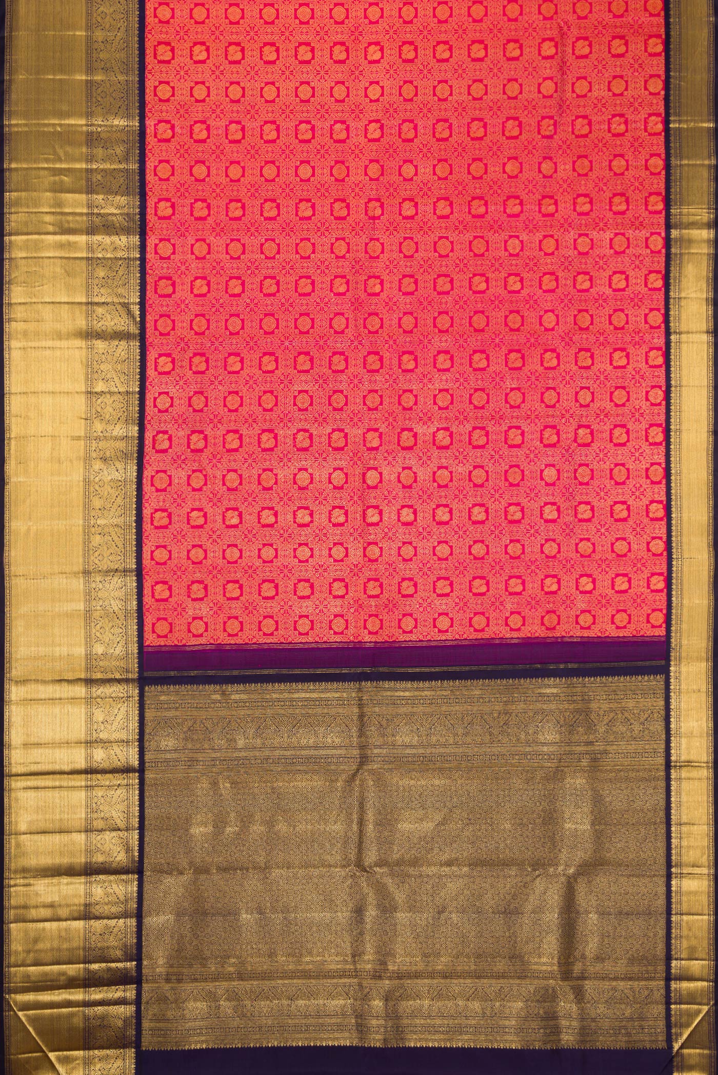Flat view of Pink Dual Tone Kanchipuram Silk Saree with Zari Brocade on the body and Zari Border. 