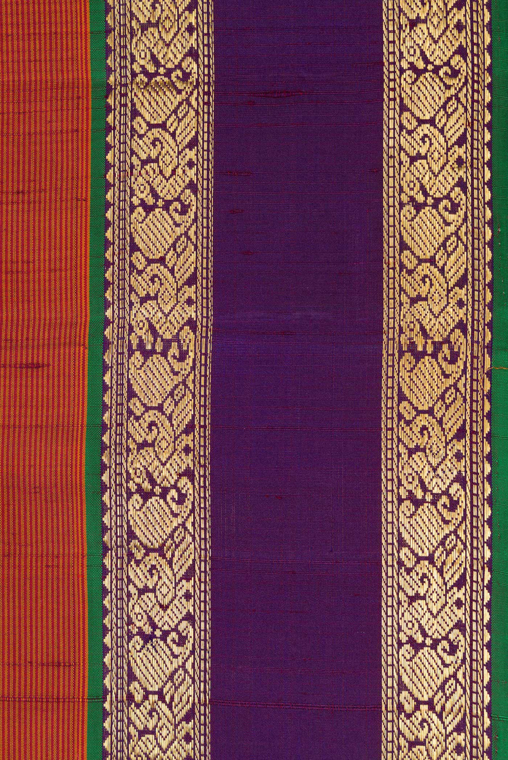 Border image of Brick Orange Dual Tone Kanjivaram Silk Saree with Stripes on the body and Zari Border. 