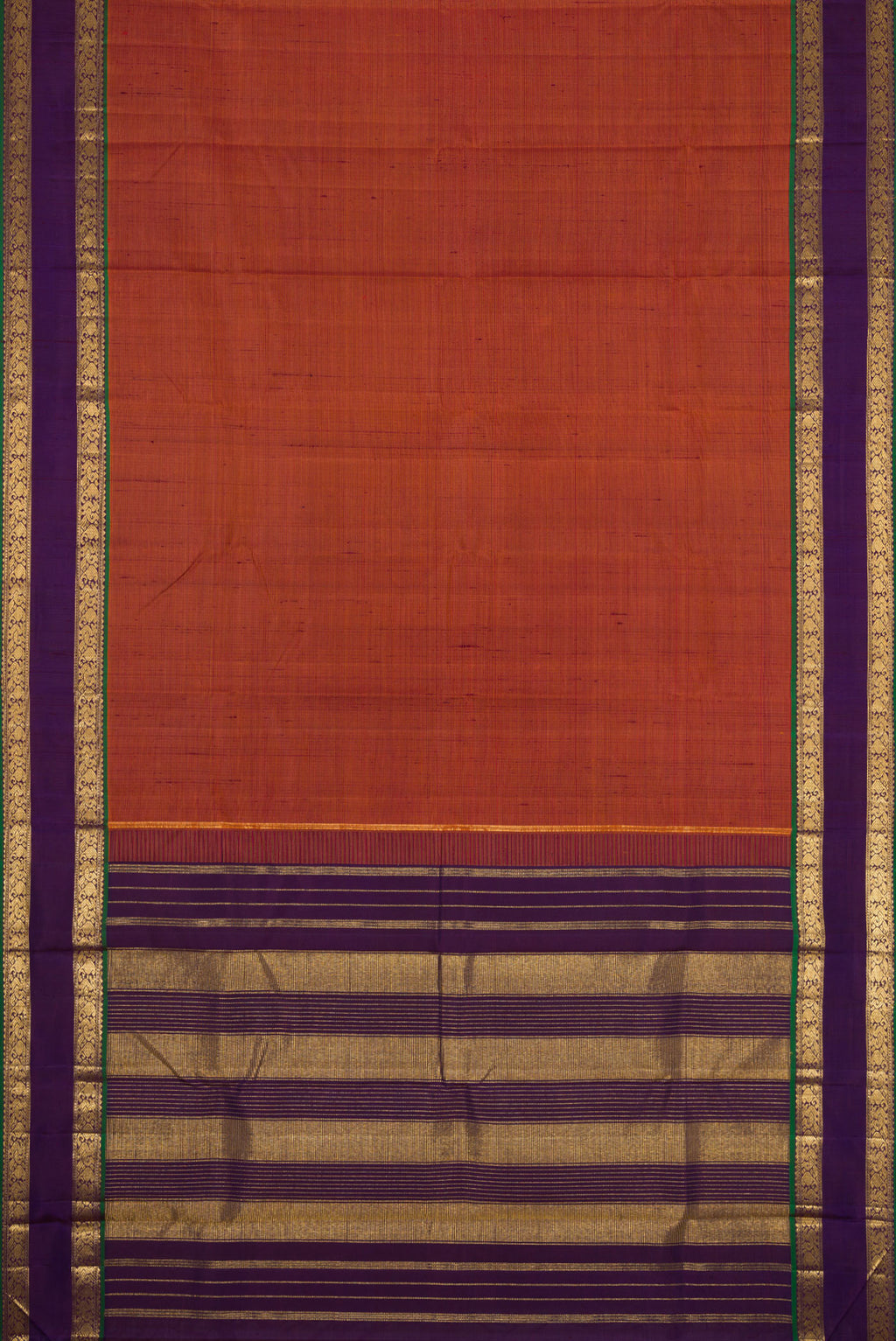 Flat view of Brick Orange Dual Tone Kanjivaram Silk Saree with Stripes on the body and Zari Border. 