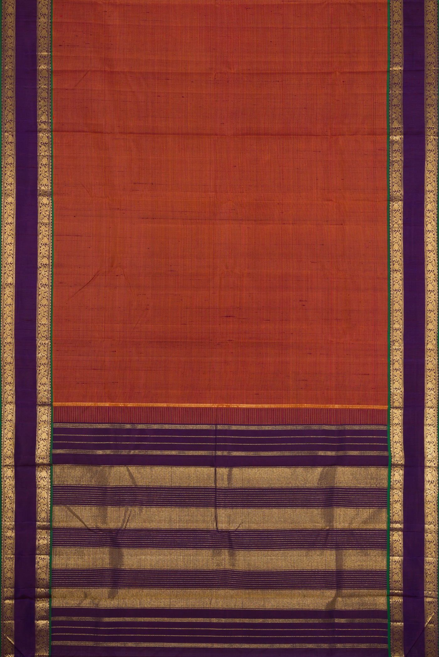 Flat view of Brick Orange Dual Tone Kanjivaram Silk Saree with Stripes on the body and Zari Border. 