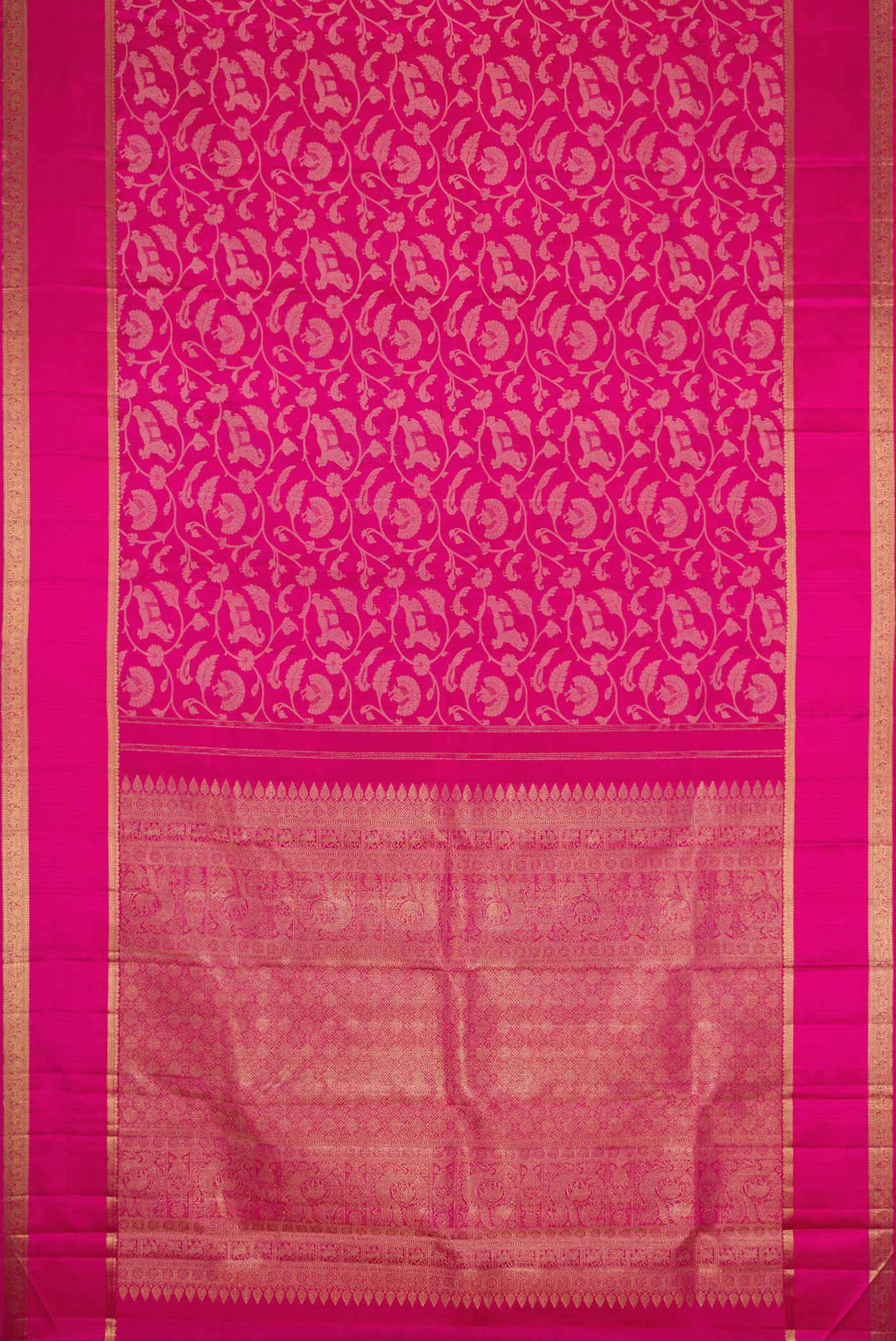 Flat view of Pure Silk Pure Zari Dark Pink Dual Tone Kanchipuram Saree with Jacquard design on the body and Zari Border