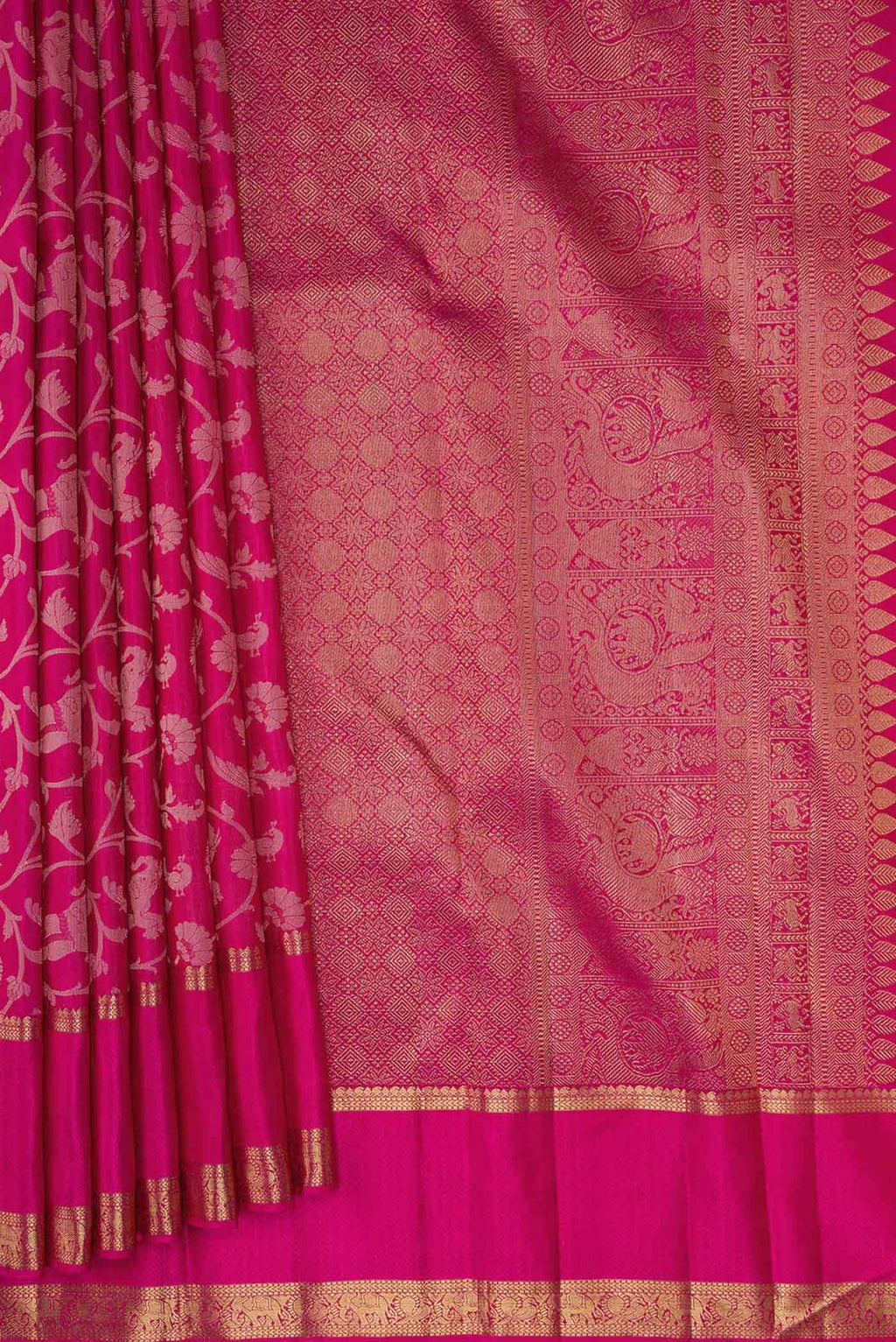 Pleats and pallu of Pure Silk Pure Zari Dark Pink Dual Tone Kanchipuram Saree with Jacquard design on the body and Zari Border