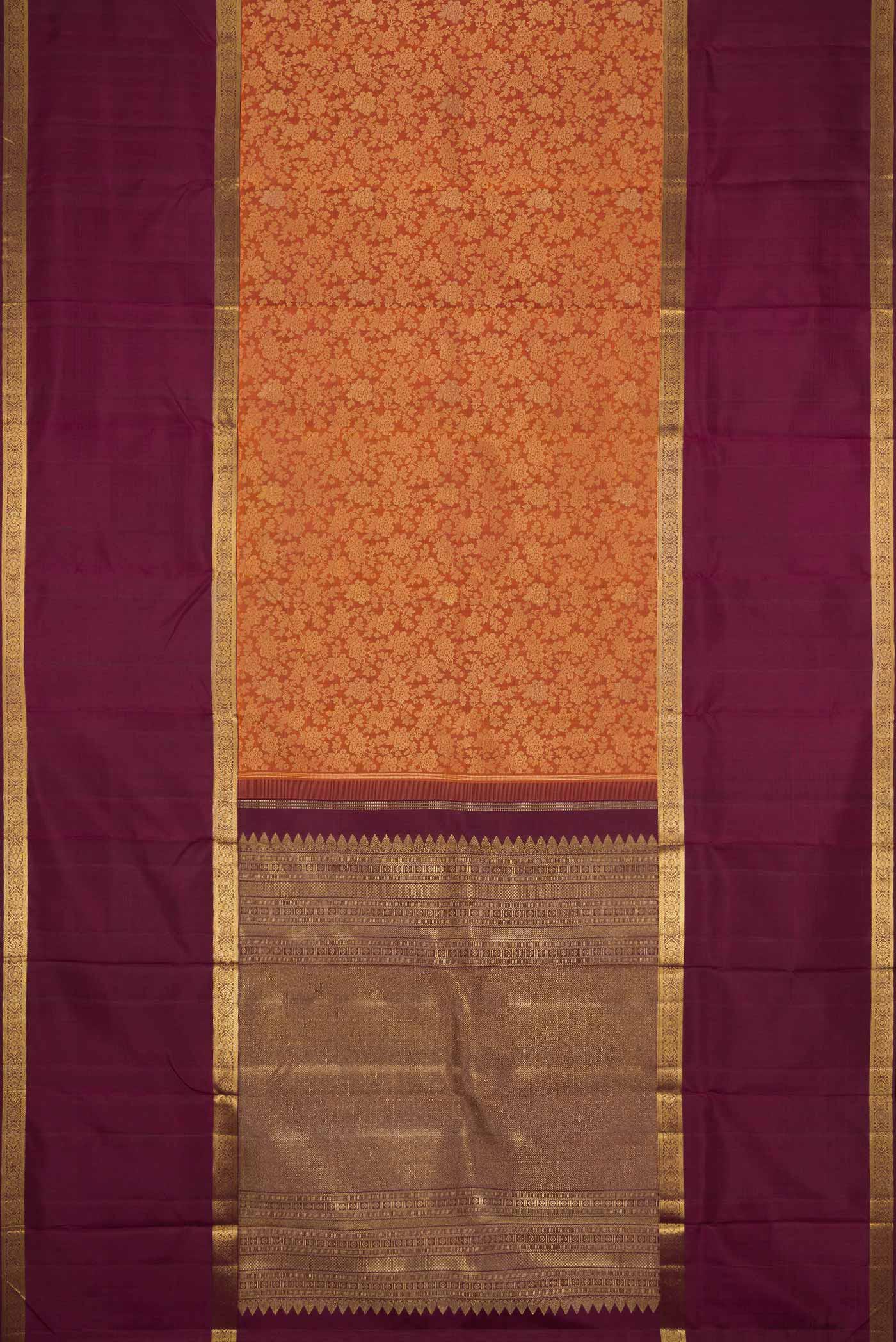 Flat view of Brick Orange Dual Tone Kanchipuram Silk Saree with Jacquard design on the body and Zari Border