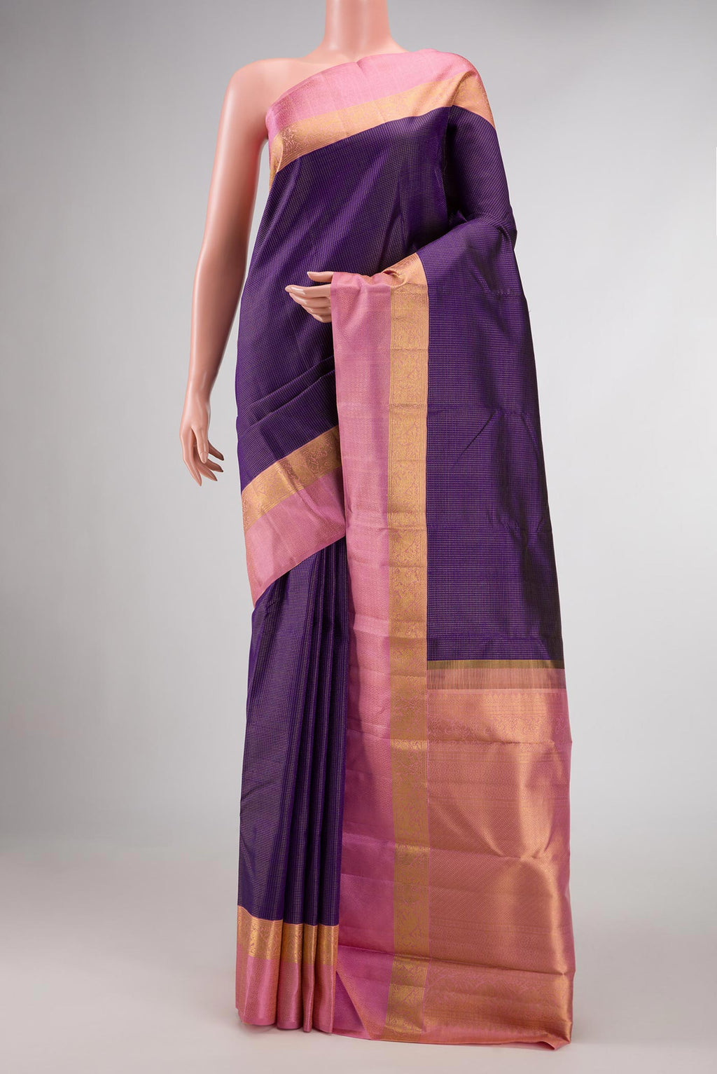 Pure Silk Pure Zari Navy Blue Dual Tone Kanchipuram Saree with Stripes on the body and Zari Border displayed on a mannequin