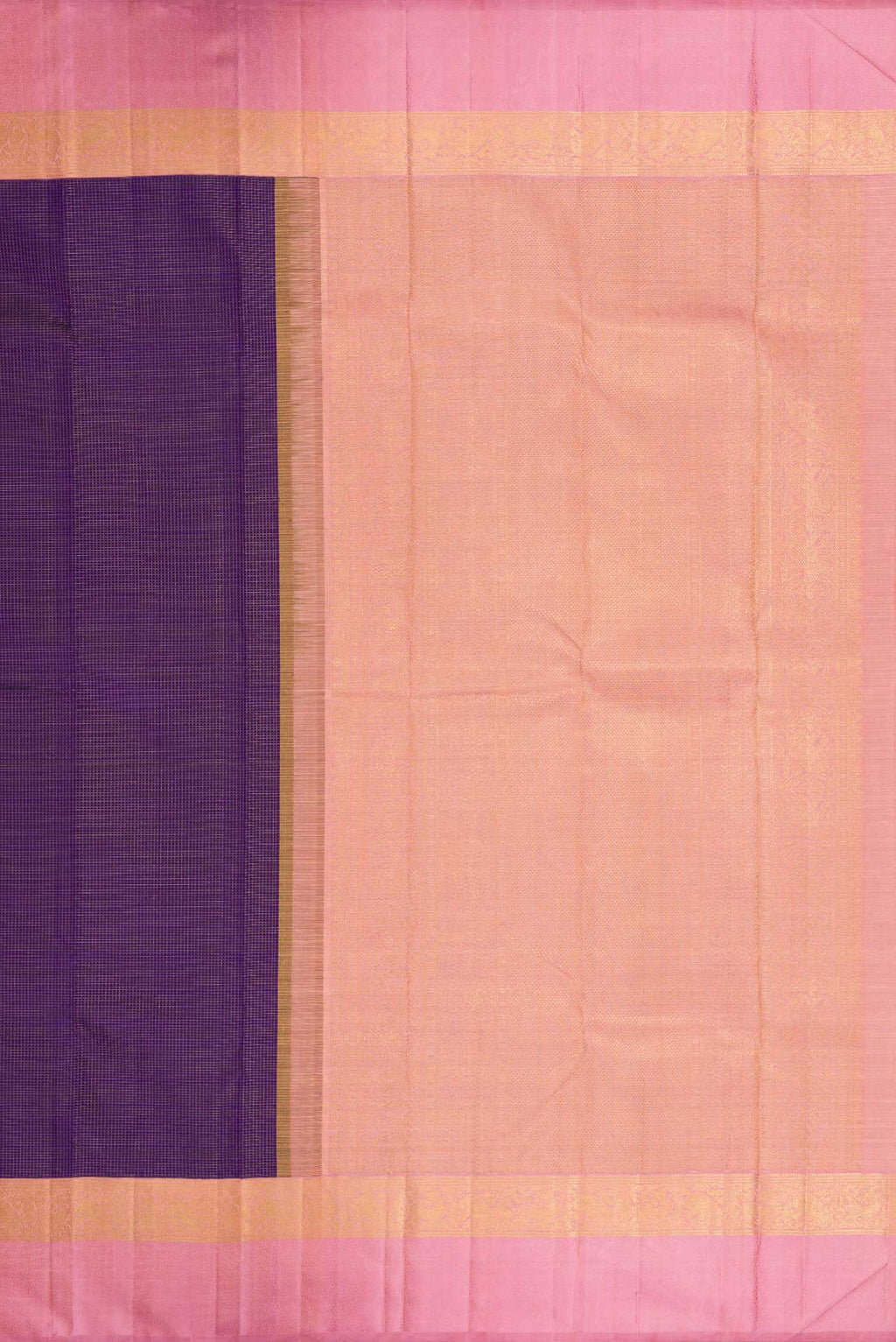 Close up image of the pallu of Pure Silk Pure Zari Navy Blue Dual Tone Kanchipuram Saree with Stripes on the body and Zari Border