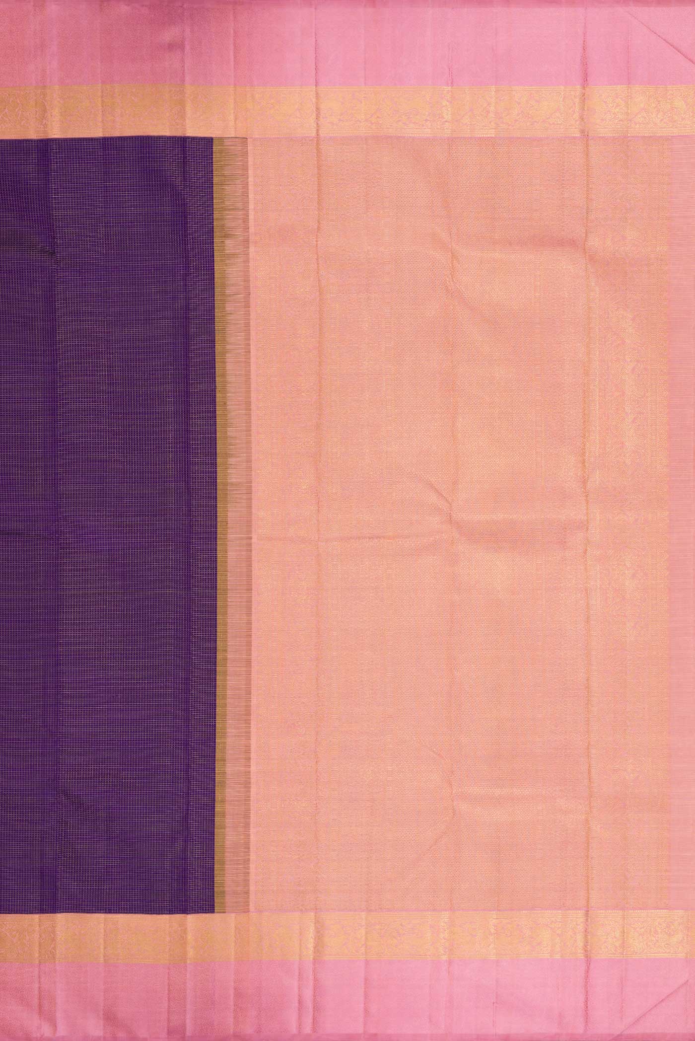 Close up image of the pallu of Pure Silk Pure Zari Navy Blue Dual Tone Kanchipuram Saree with Stripes on the body and Zari Border