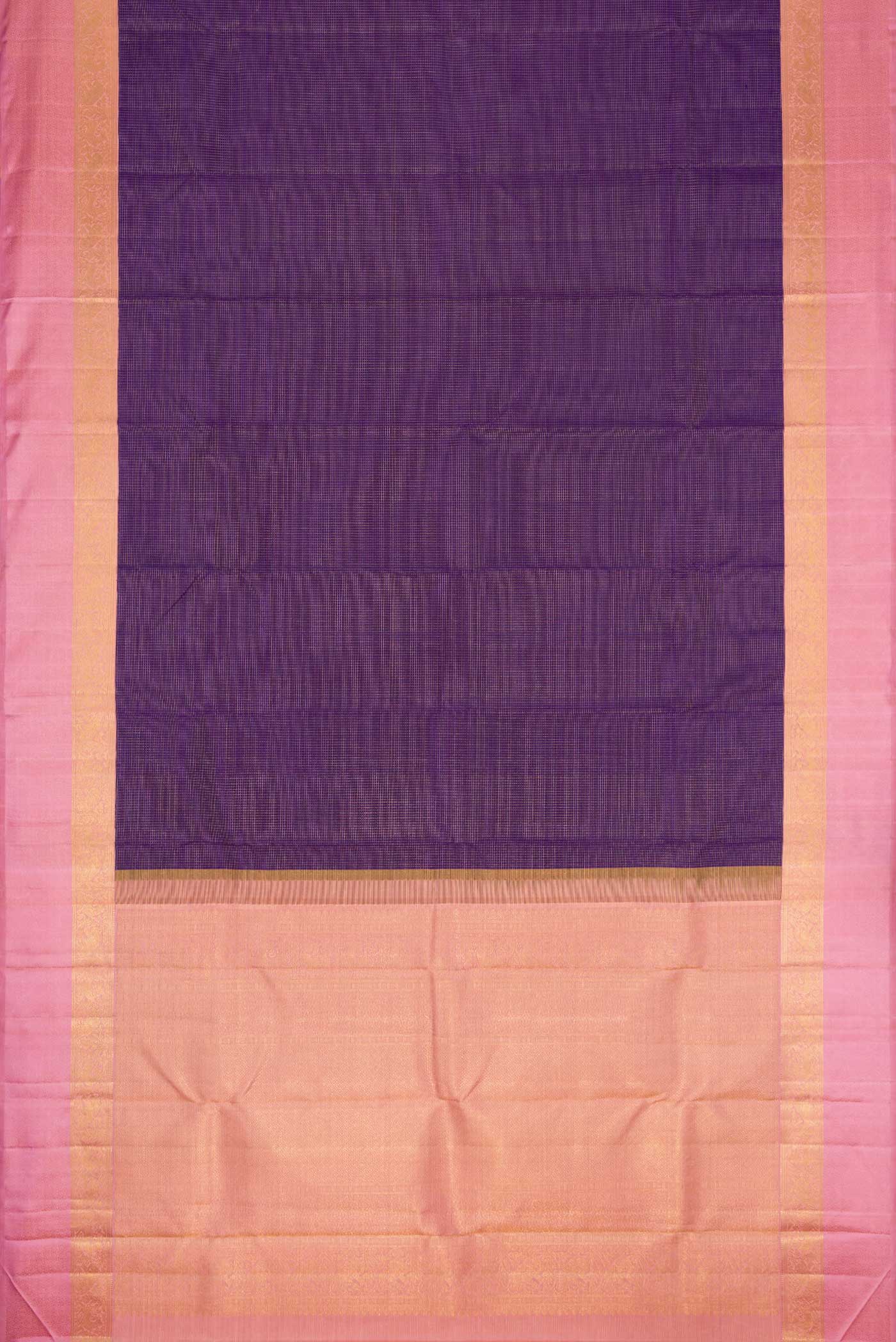 Flat view of Pure Silk Pure Zari Navy Blue Dual Tone Kanchipuram Saree with Stripes on the body and Zari Border