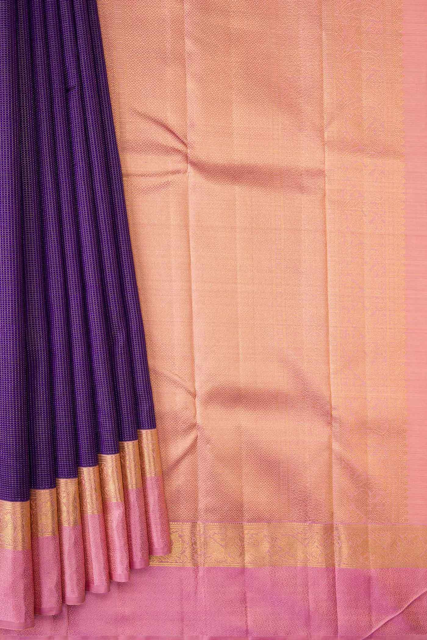 Pleats and pallu of Pure Silk Pure Zari Navy Blue Dual Tone Kanchipuram Saree with Stripes on the body and Zari Border