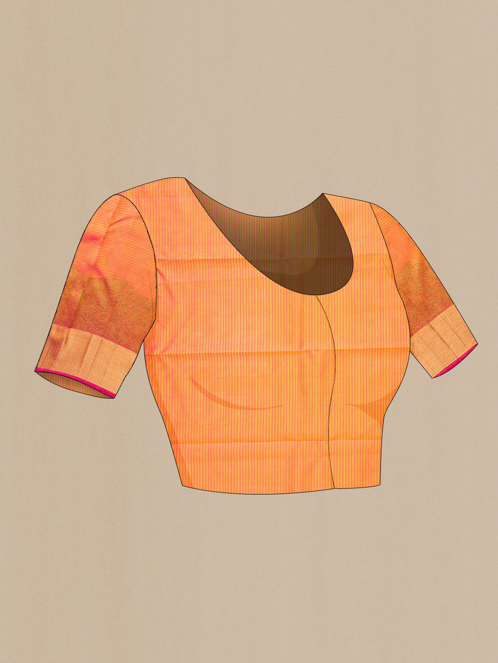 Close up image of the blouse of Pure Silk Pure Zari Mustard Dual Tone Kanjivaram Saree with Checked design on the body and Fancy Border. 