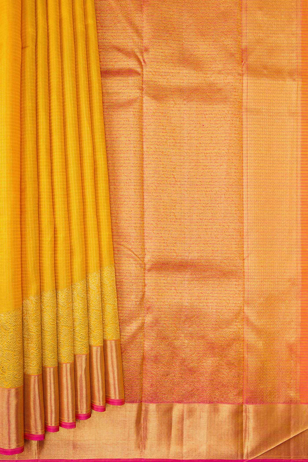 Pleats and pallu of Pure Silk Pure Zari Mustard Dual Tone Kanjivaram Saree with Checked design on the body and Fancy Border. 