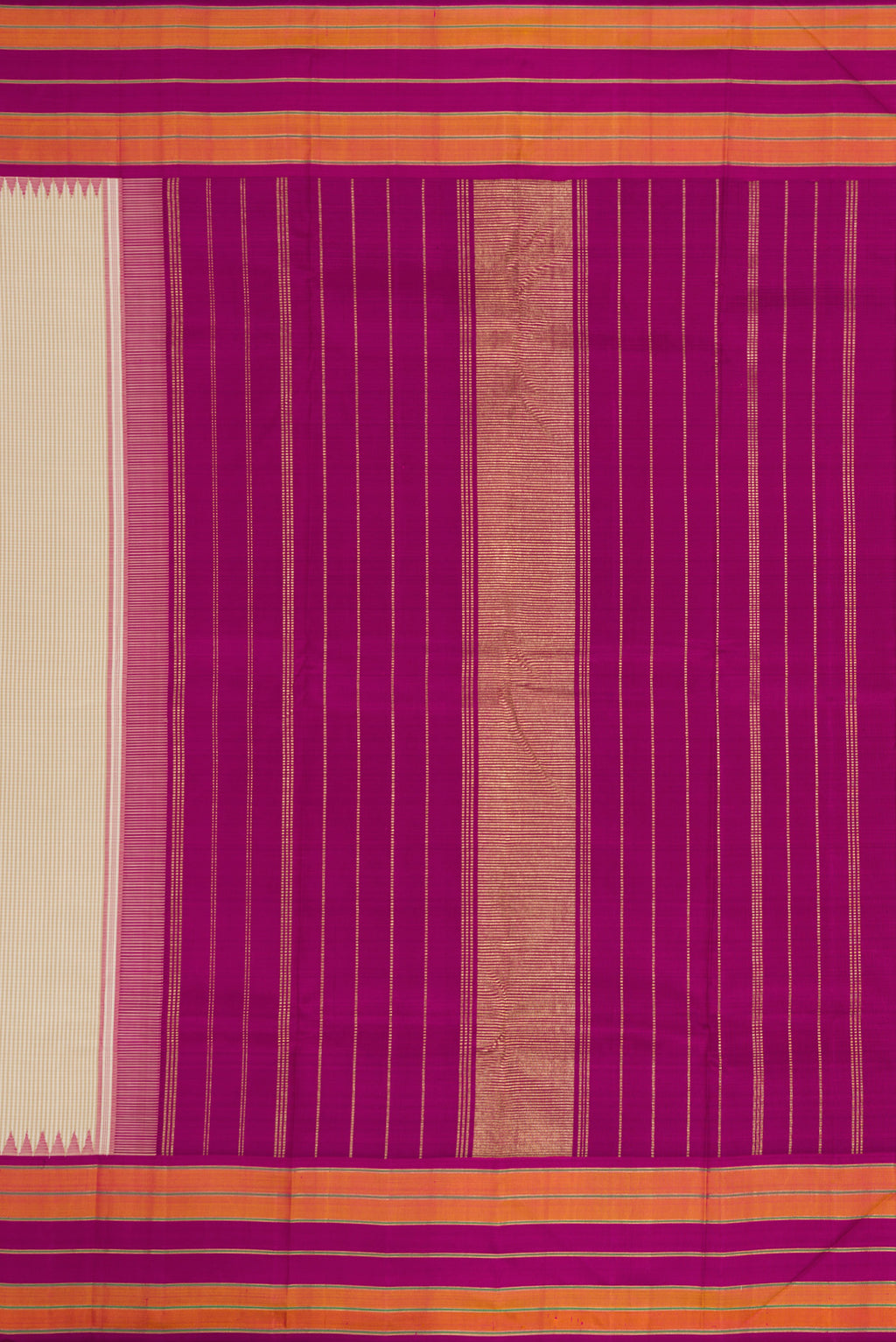Close up image of the pallu of Dark Beige Dual Tone Kanjivaram Silk Saree with Checked design on the body and Zari Border. 