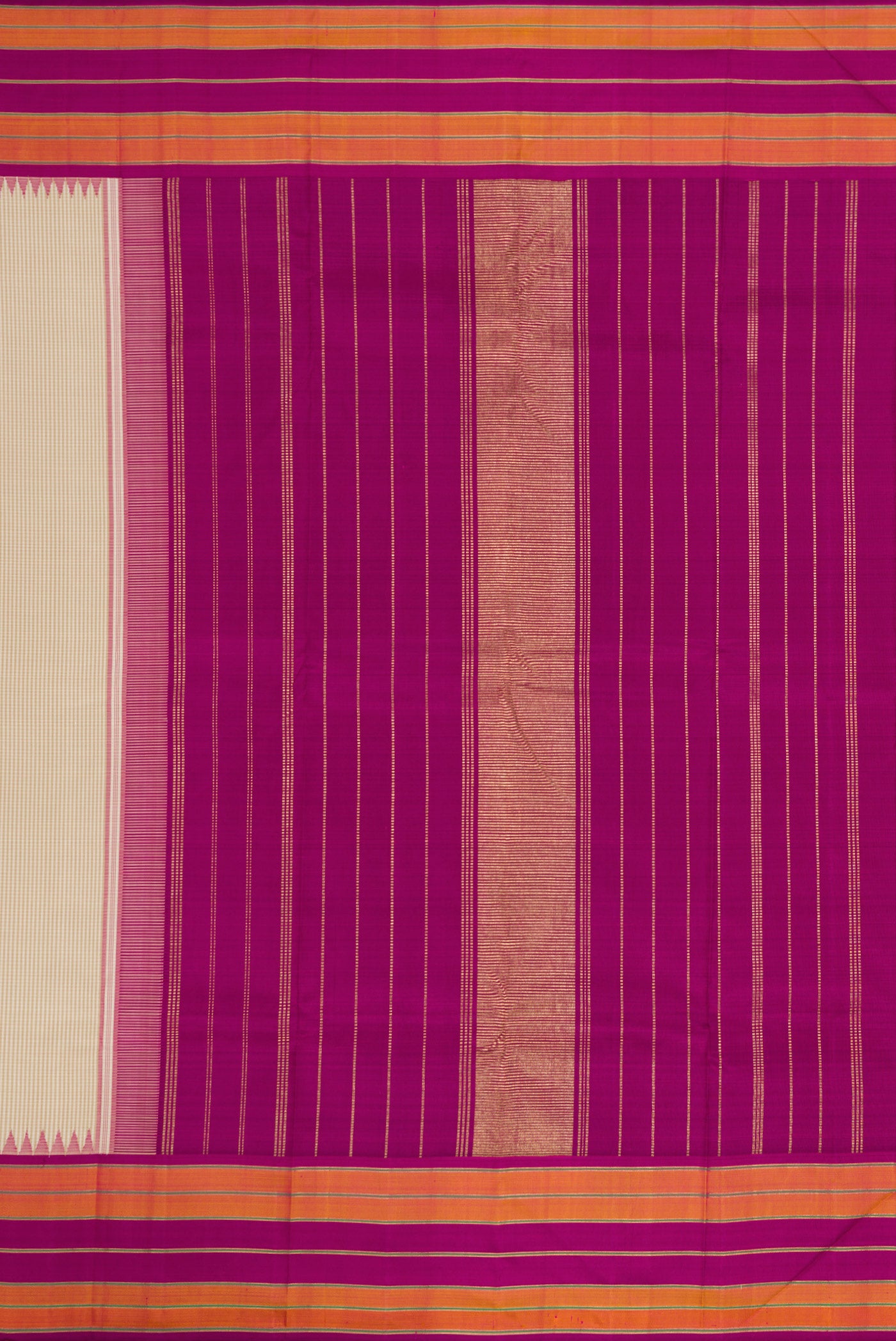 Close up image of the pallu of Dark Beige Dual Tone Kanjivaram Silk Saree with Checked design on the body and Zari Border. 