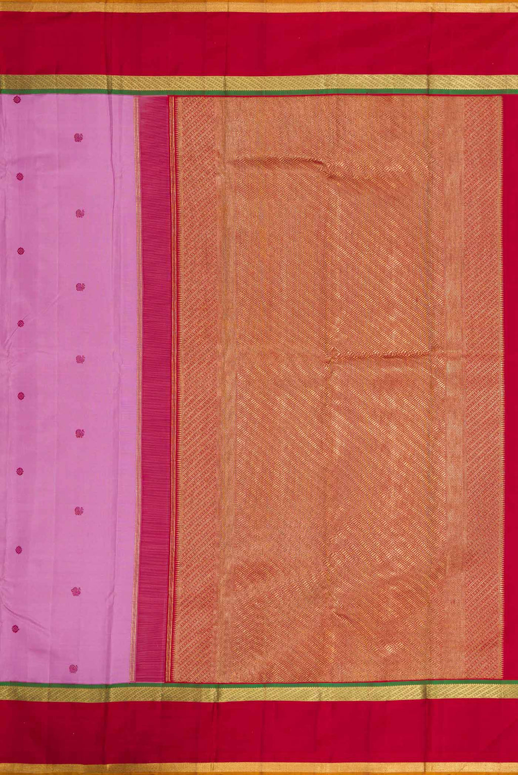 Close up image of the pallu of Pure Silk Pure Zari Lavender Dual Tone Kanchipuram Saree with Thread Butta on the body and Zari Border