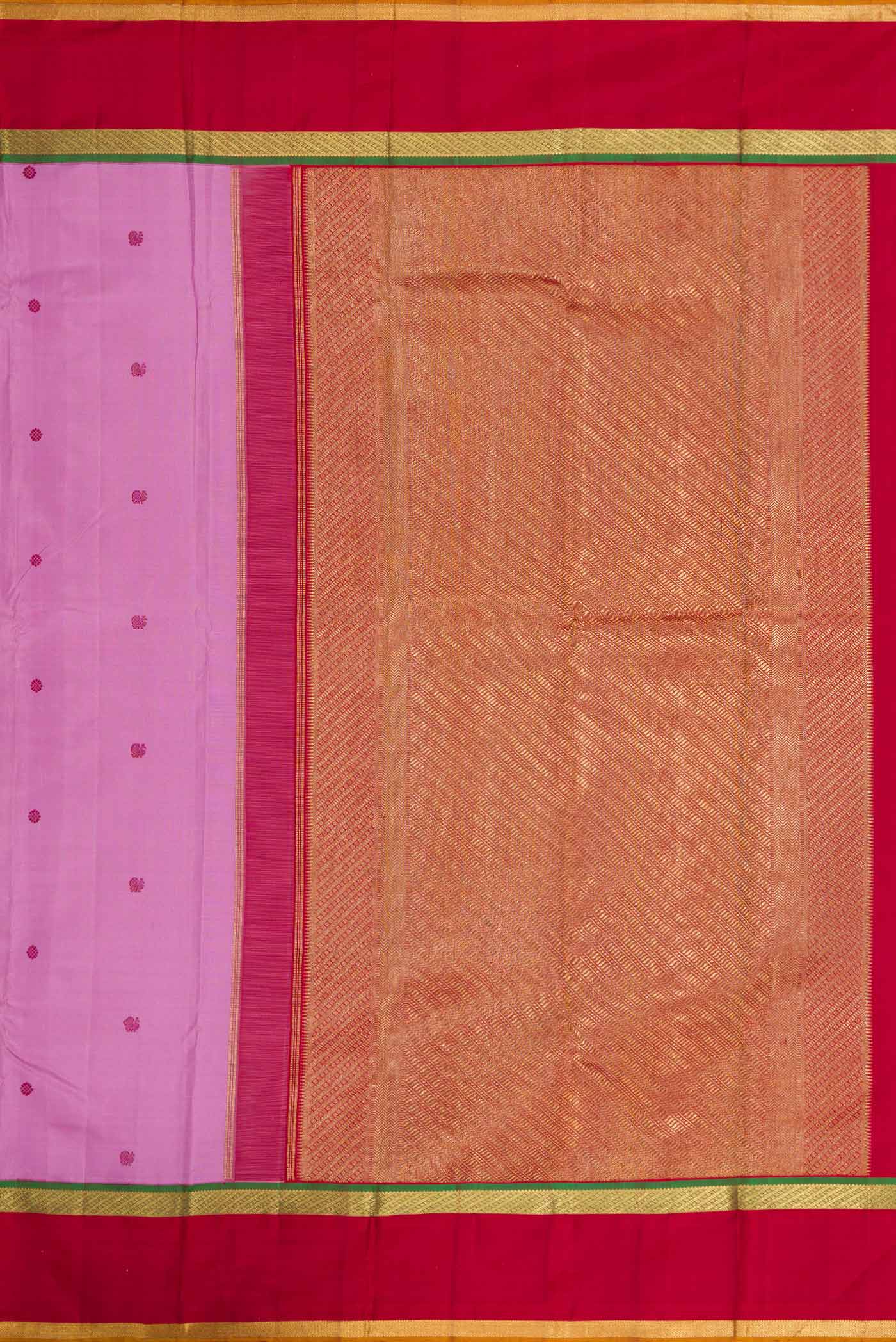 Close up image of the pallu of Pure Silk Pure Zari Lavender Dual Tone Kanchipuram Saree with Thread Butta on the body and Zari Border