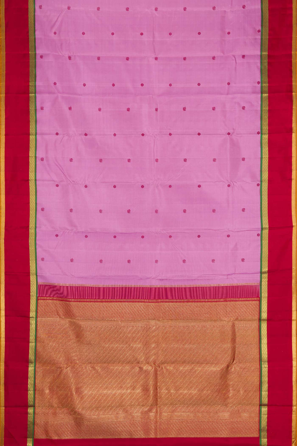 Flat view of Pure Silk Pure Zari Lavender Dual Tone Kanchipuram Saree with Thread Butta on the body and Zari Border