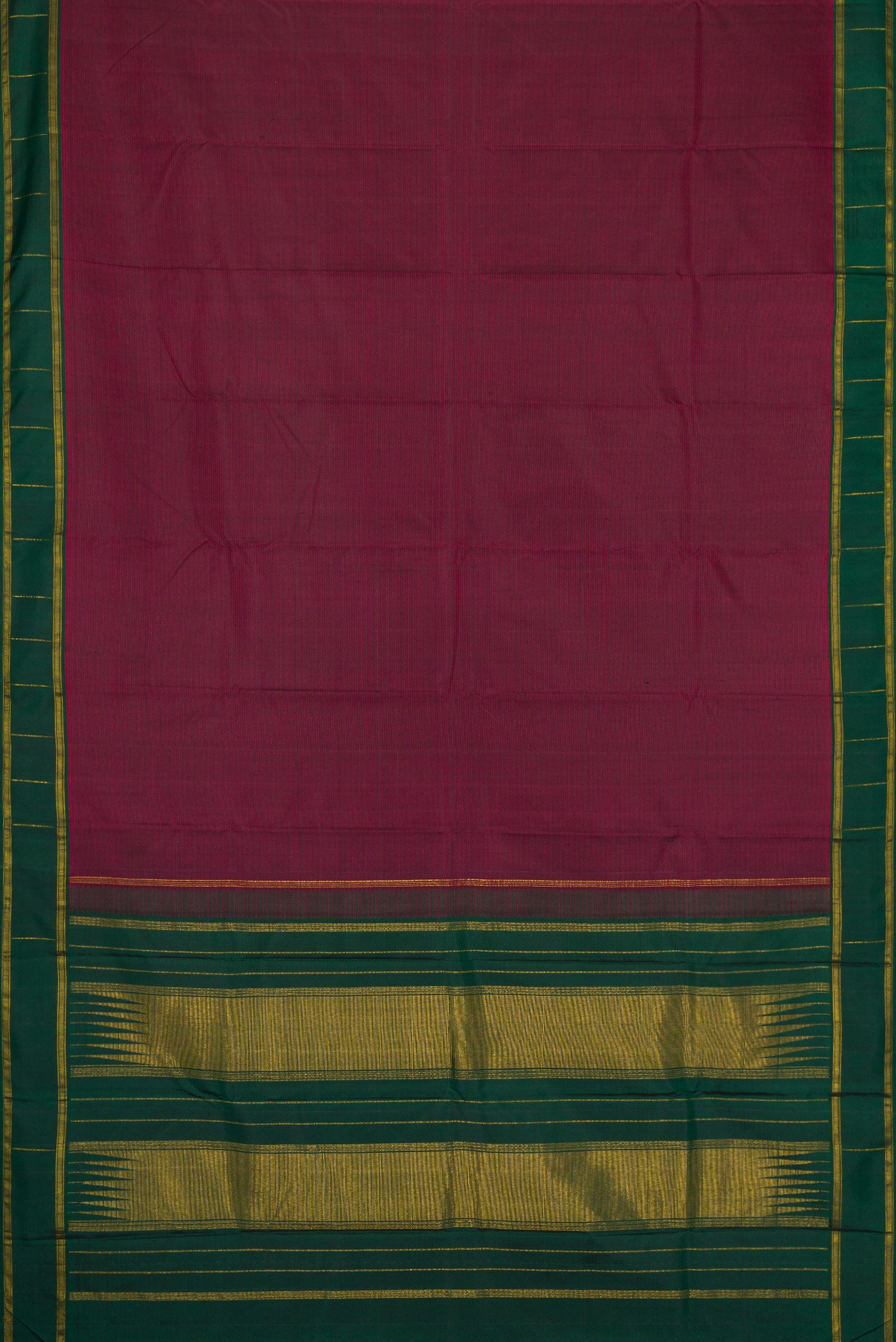 Flat view of Maroon Dual Tone Kanchipuram Silk Saree with Stripes on the body and Zari Border. 