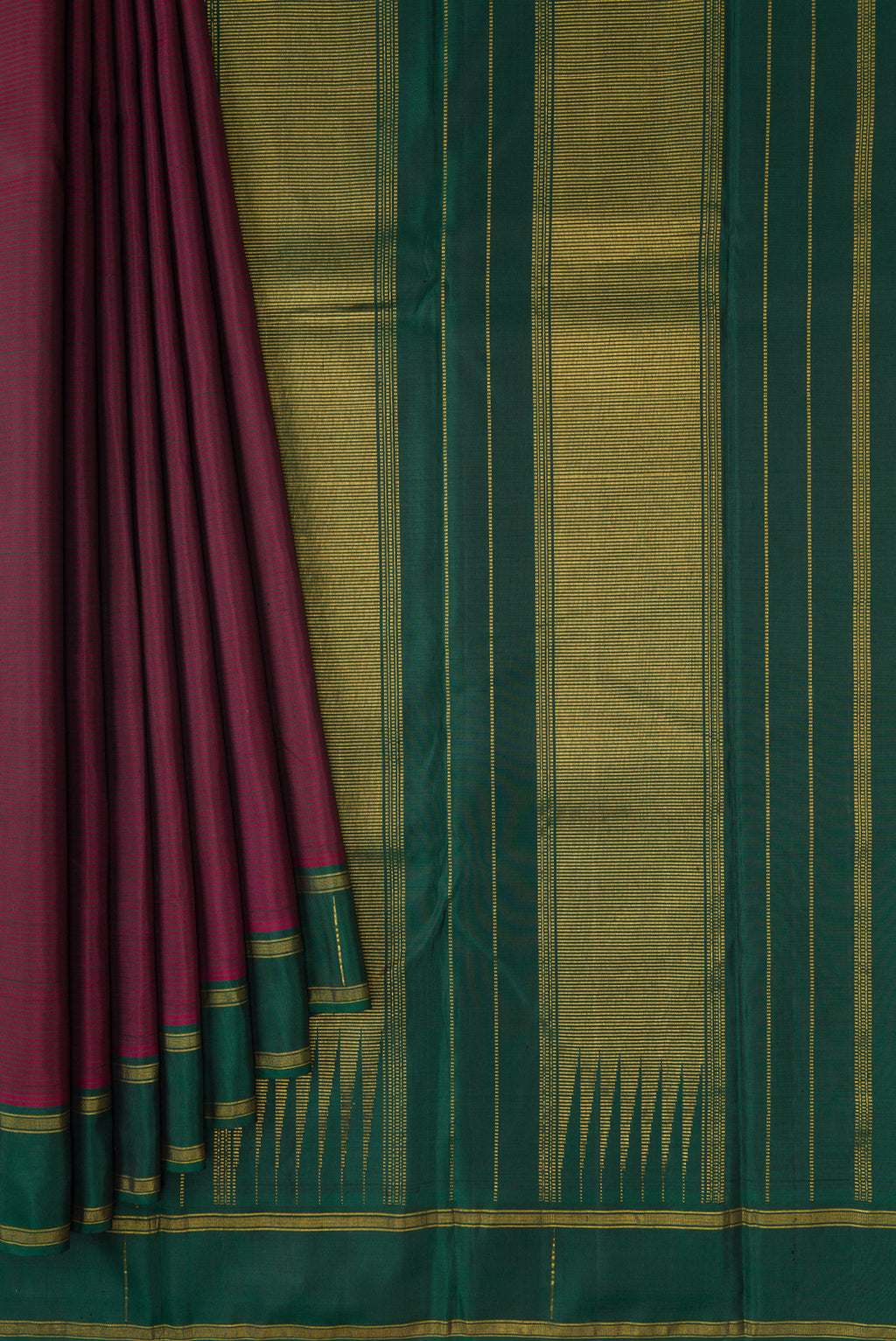 Pleats and pallu of Maroon Dual Tone Kanchipuram Silk Saree with Stripes on the body and Zari Border. 