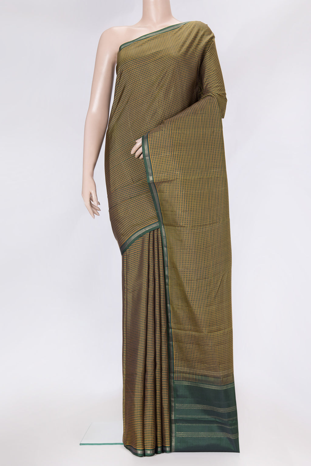 Bottle Green Dual Tone Kanchipuram Silk Saree with Checked design on the body and Zari Border.  displayed on a mannequin