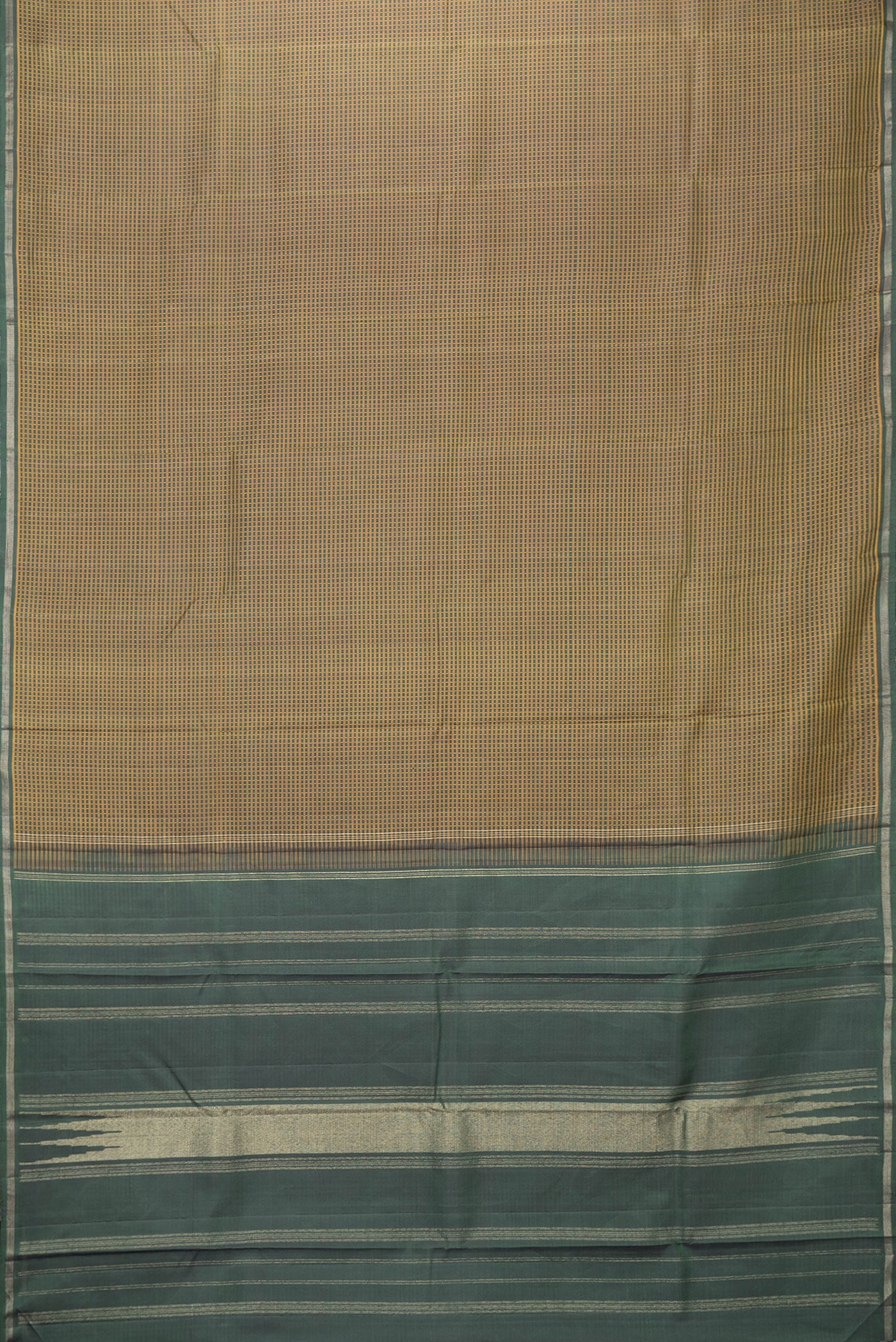 Flat view of Bottle Green Dual Tone Kanchipuram Silk Saree with Checked design on the body and Zari Border. 