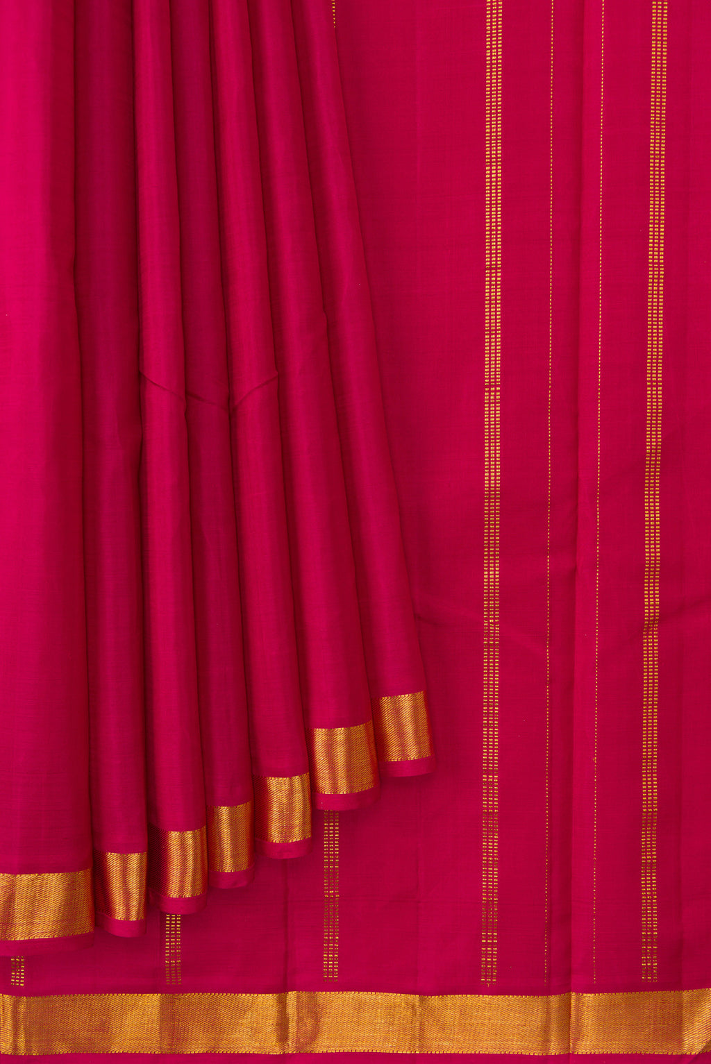 Pleats and pallu of Pure Silk Pure Zari Maroon Dual Tone Kanjivaram Saree with Plain Body and Zari Border. 