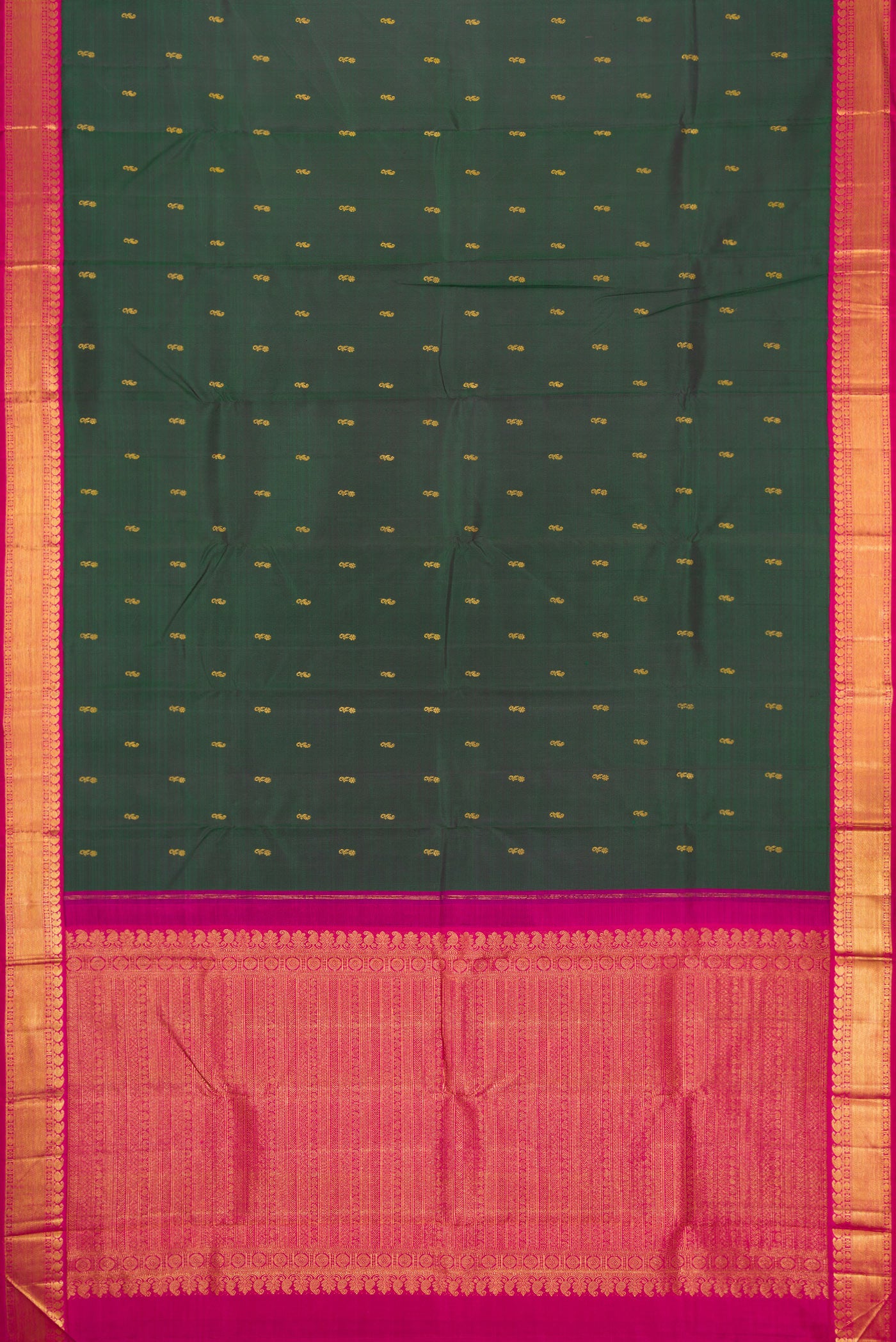 Flat view of Bottle Green Dual Tone Kanjivaram Silk Saree with Zari Butta on the body and Zari Border. 