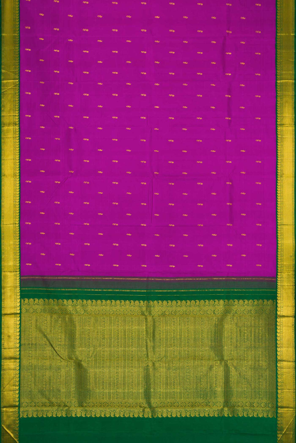 Flat view of Magenta Dual Tone Kanjivaram Silk Saree with Zari Butta on the body and Zari Border. 