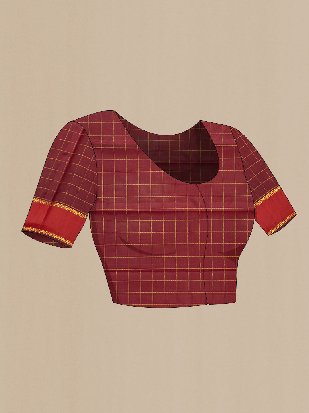 Close up image of the blouse of Maroon Dual Tone Kanchipuram Silk Saree with Checked design on the body and Zari Border