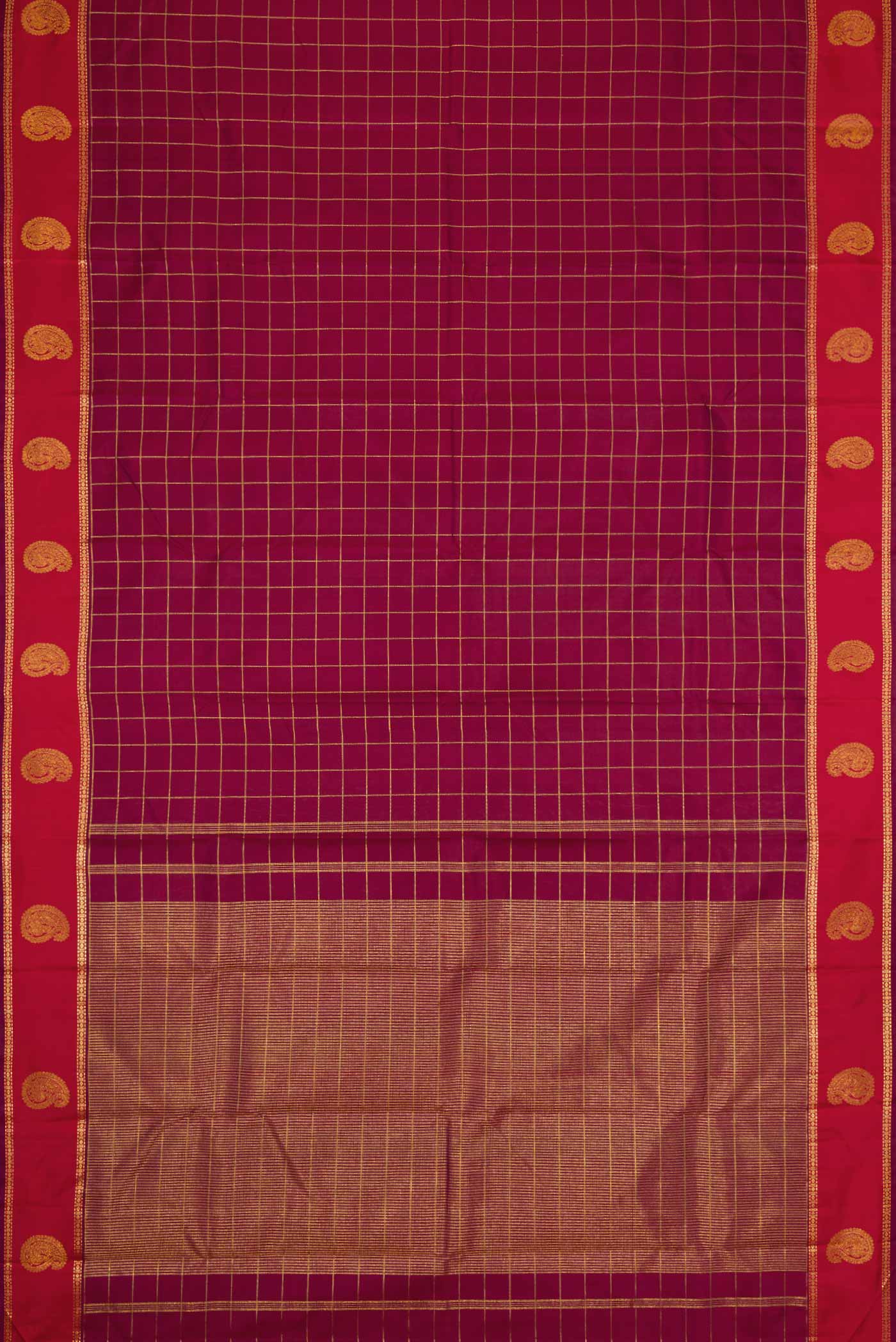 Flat view of Maroon Dual Tone Kanchipuram Silk Saree with Checked design on the body and Zari Border
