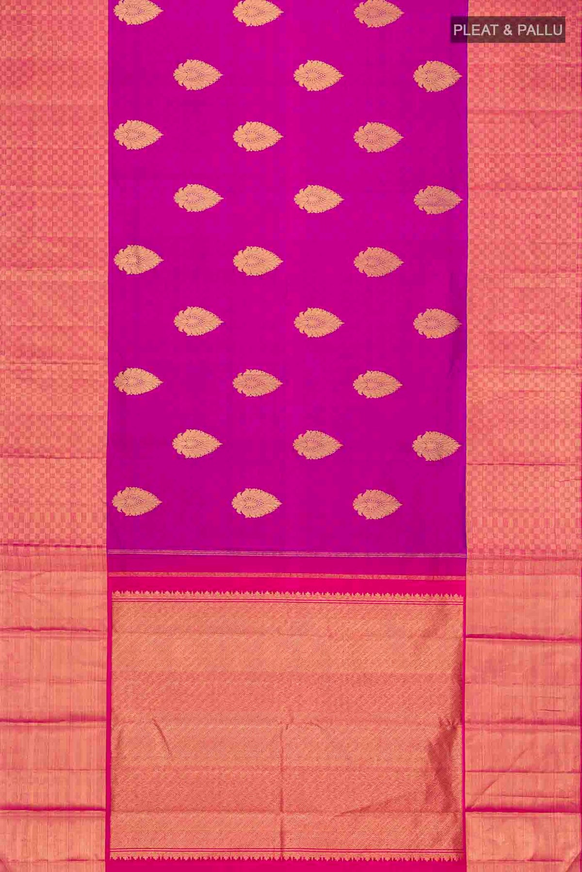 Flat view of Purple Kanchipuram Silk Saree with Zari Butta on the body and Zari Border