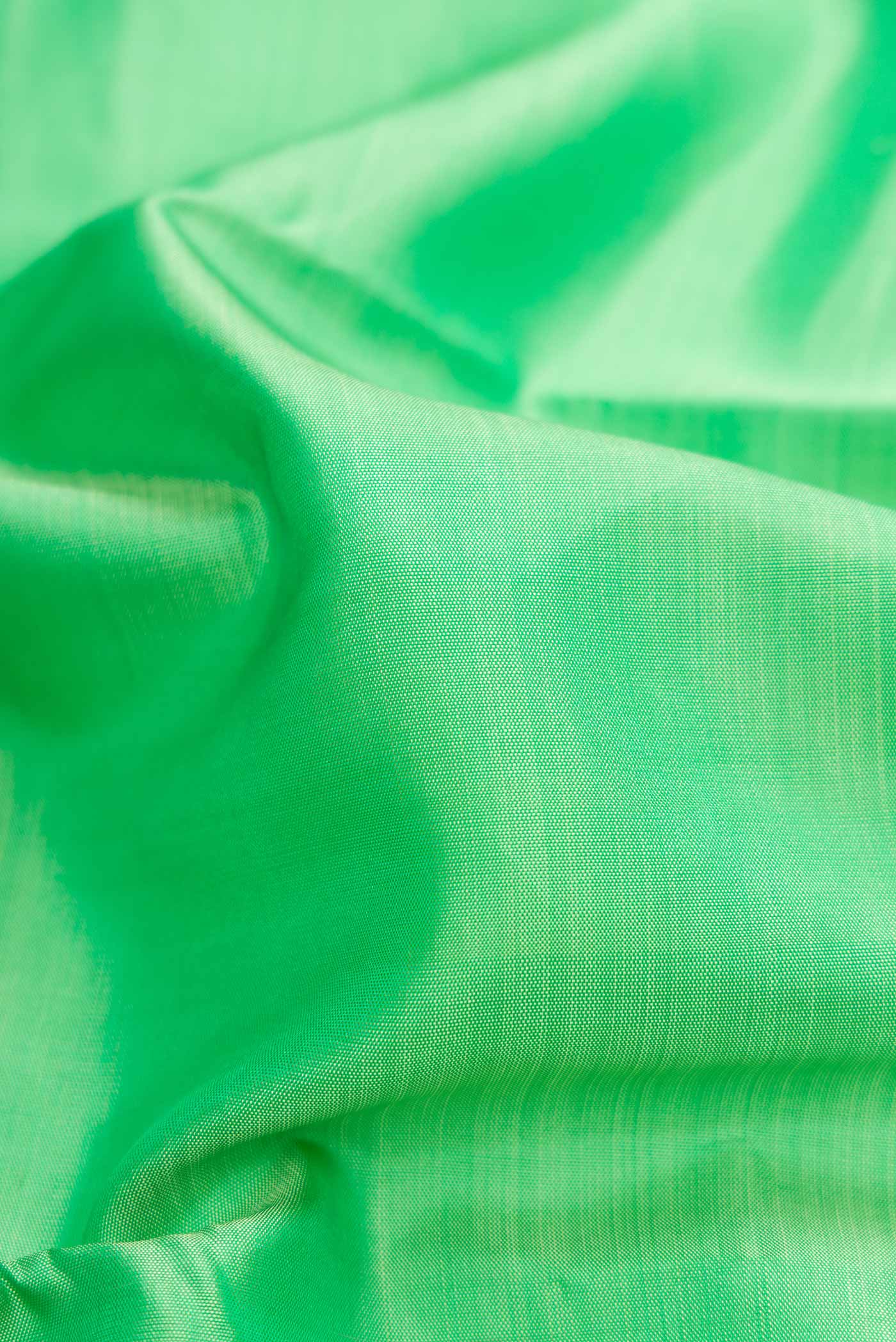 Close up of Pista Green Dual Tone Kanjivaram Silk Saree with Plain Body and Zari Border.  displaying folds