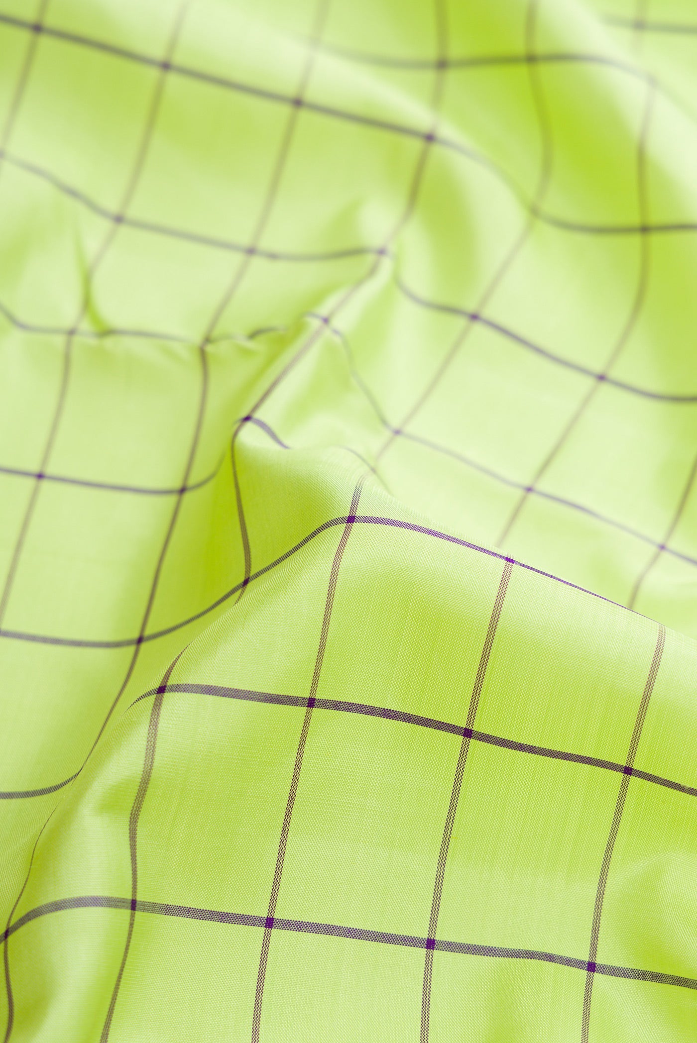 Close up of Pista Green Dual Tone Kanjivaram Silk Saree with Checked design on the body and Without Border.  displaying folds